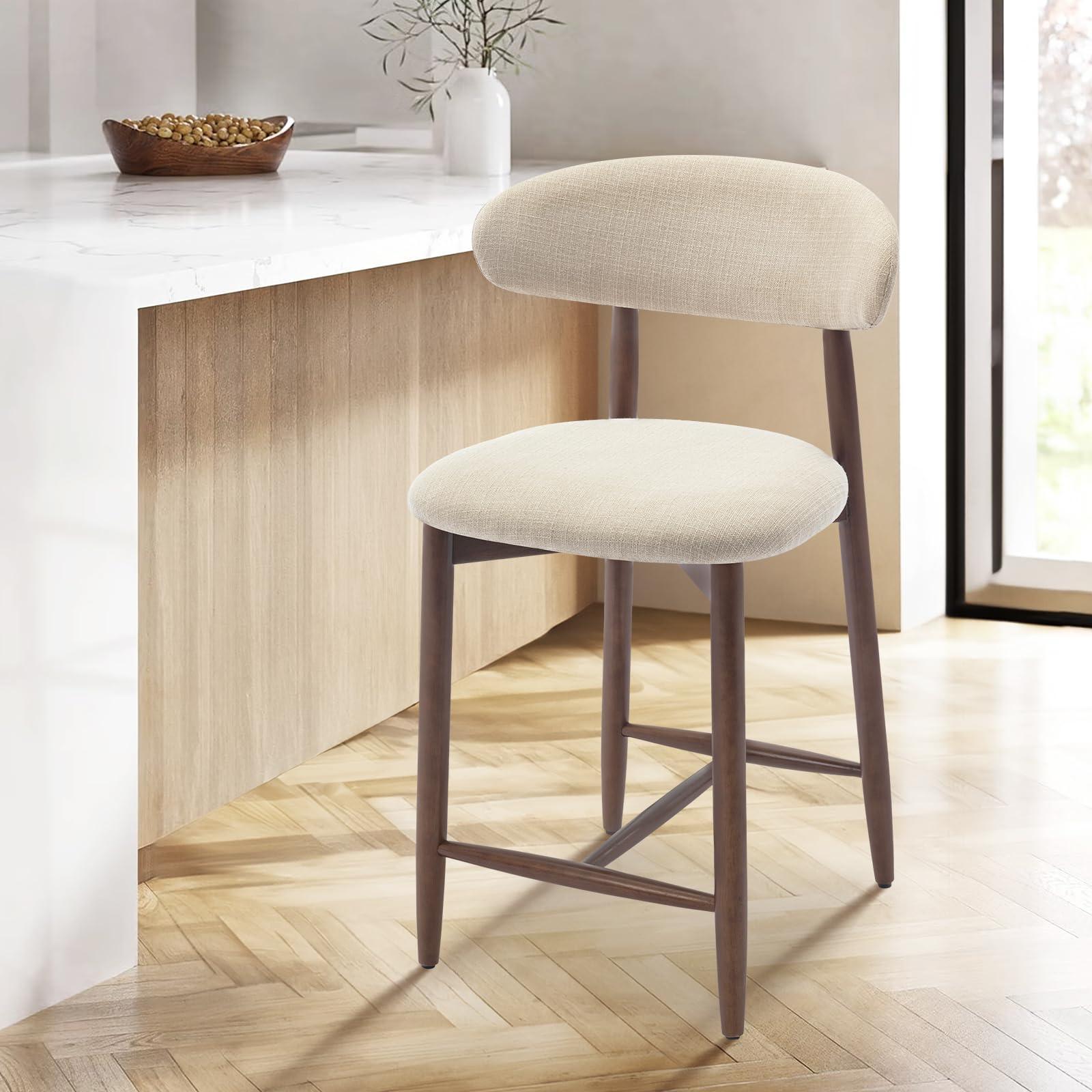 COLAMY Bar Stools with Back, Counter Height Bar Stools, Upholstered Counter Stools with Wood Legs for Kitchen Island Dining Room Bar, Beige - Image 3
