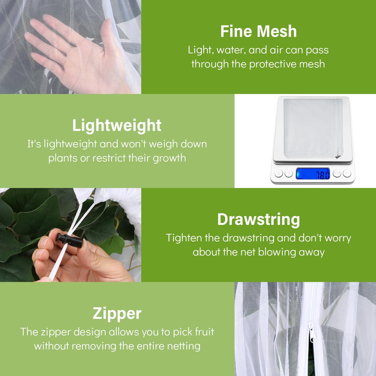 2 Pack Fruit Tree Netting Cover with Zipper and Drawstring, 6.6 x 6.6 Ft Bird Mesh Netting Barrier for Blueberry Bushes, Garden Plant Net Tree Protection Netting Cover for Apple Vegetables Fruits - Image 6