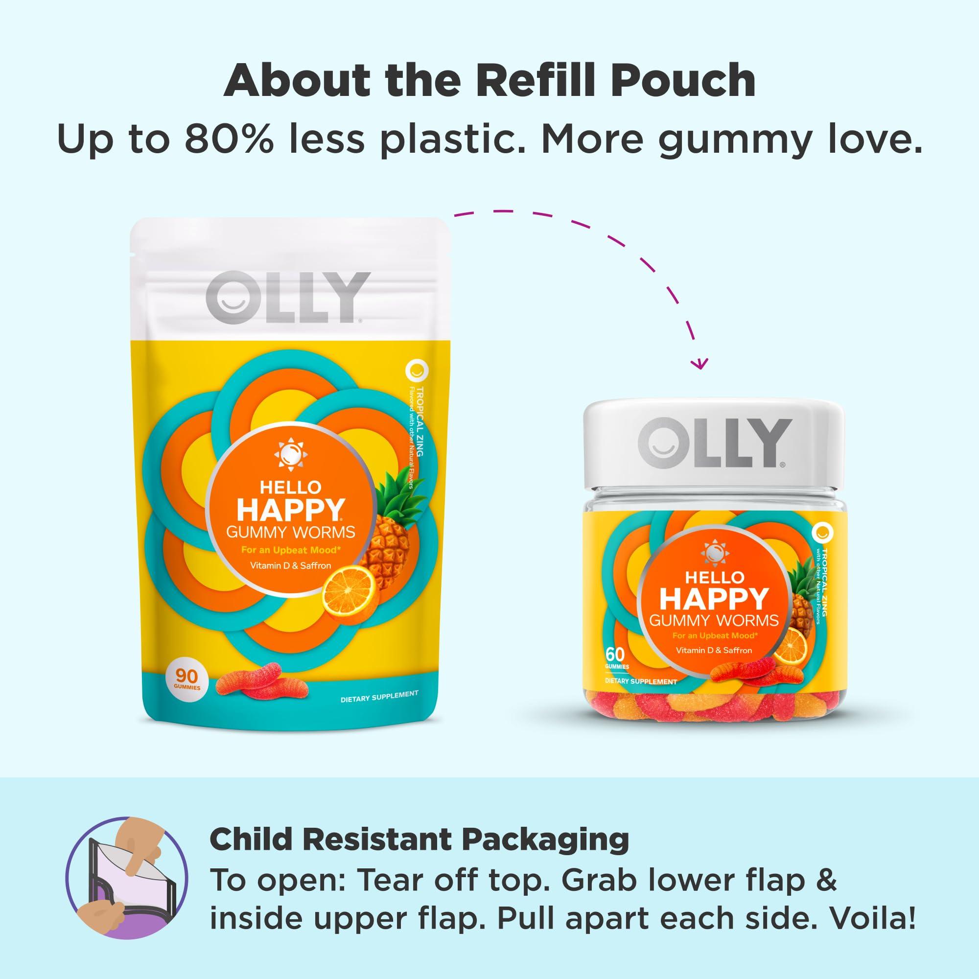 OLLY Hello Happy Gummy Worms, Mood Balance Support, Vitamin D, Saffron, Adult Chewable Supplement, Gluten Free, Tropical Zing - 90 Count - Image 4