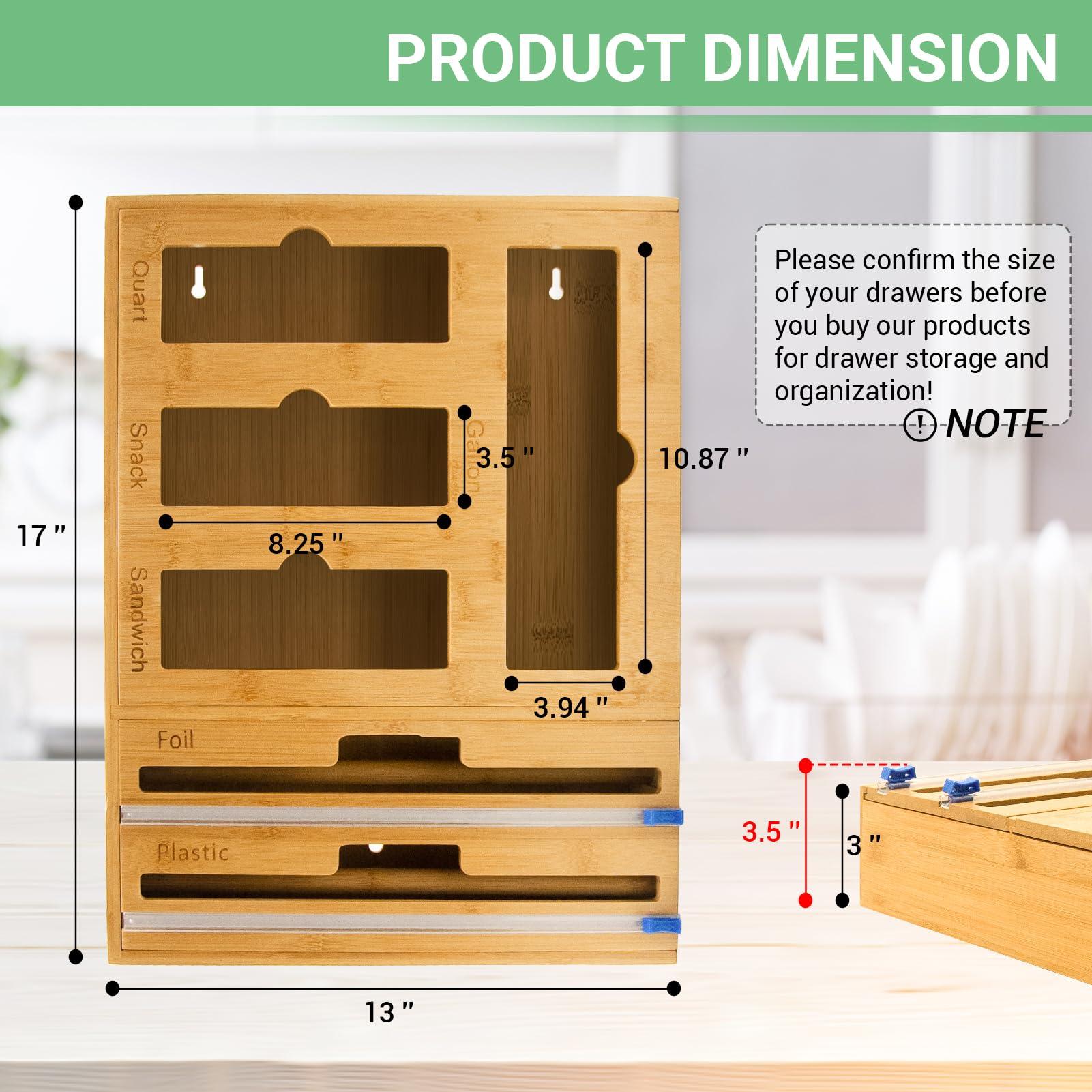 WHOMASS Bamboo Kitchen Drawer Organizer 7-in-1 for Food Bags and Wraps Adjustable Compartment Storage with Baggy Rack Dispenser and Cutter Fits Gallon Quart Sandwich and Snack Sizes - Image 3