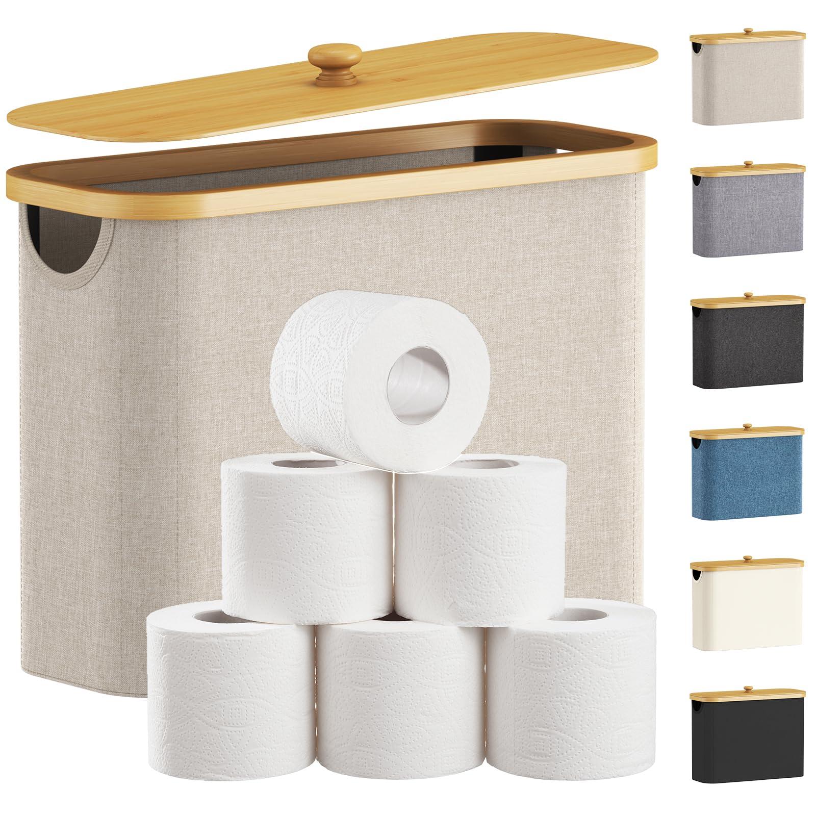 Lifewit Toilet Paper Storage Basket with Bamboo Lid, Holds 9 to 12 Rolls, Free Standing Toilet Paper Holder Stand, Bathroom Organizer Box Container Cabinet Bin, Medium, 1 Pack, Beige