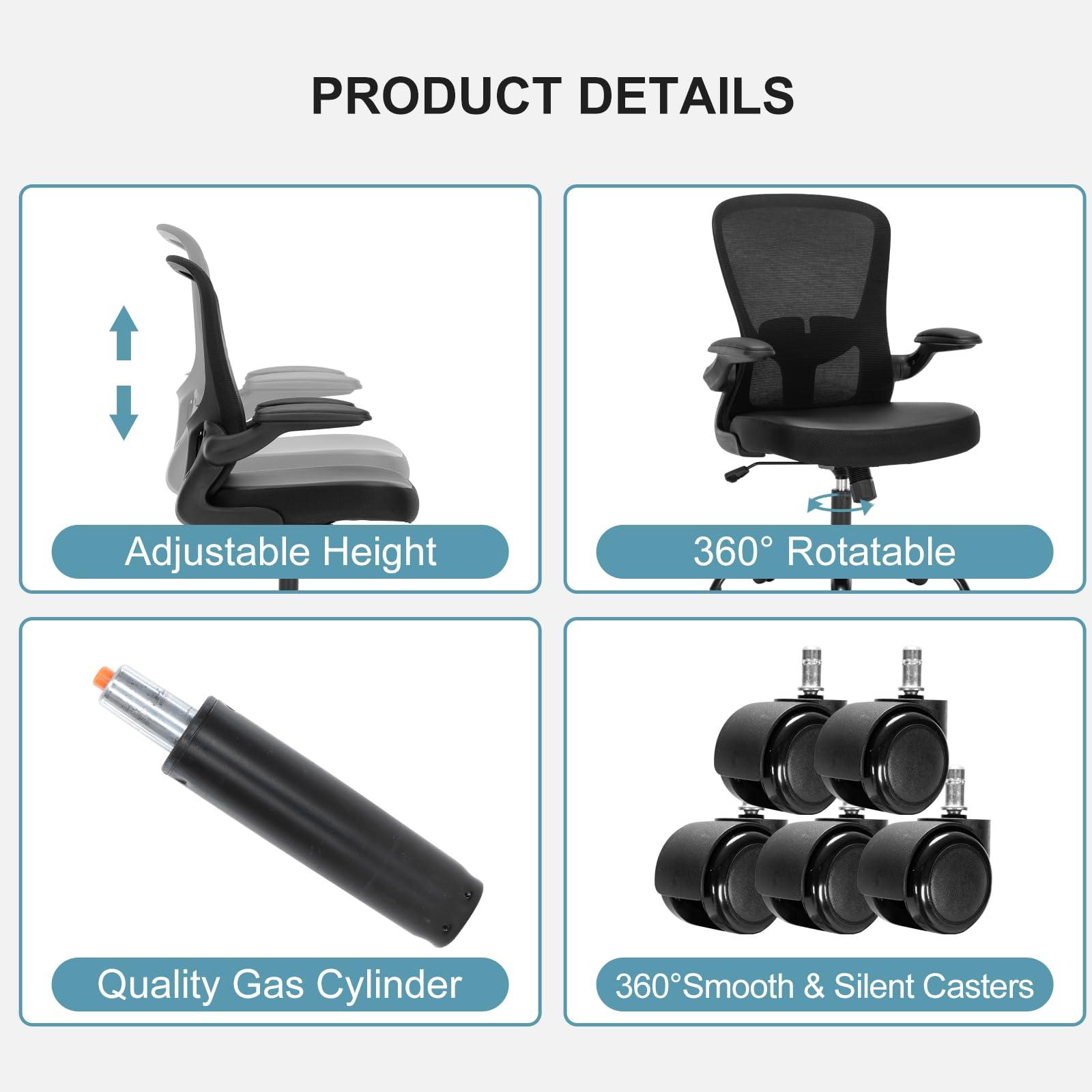 HOMIFYCO Office Chair, Ergonomic Desk Chair with Flip-up Armrests, PU Leather Computer Chair Home Office Desk Chairs with Lumbar Support, Mesh Swivel Executive Chair Rolling Task Chair, Black - Image 8