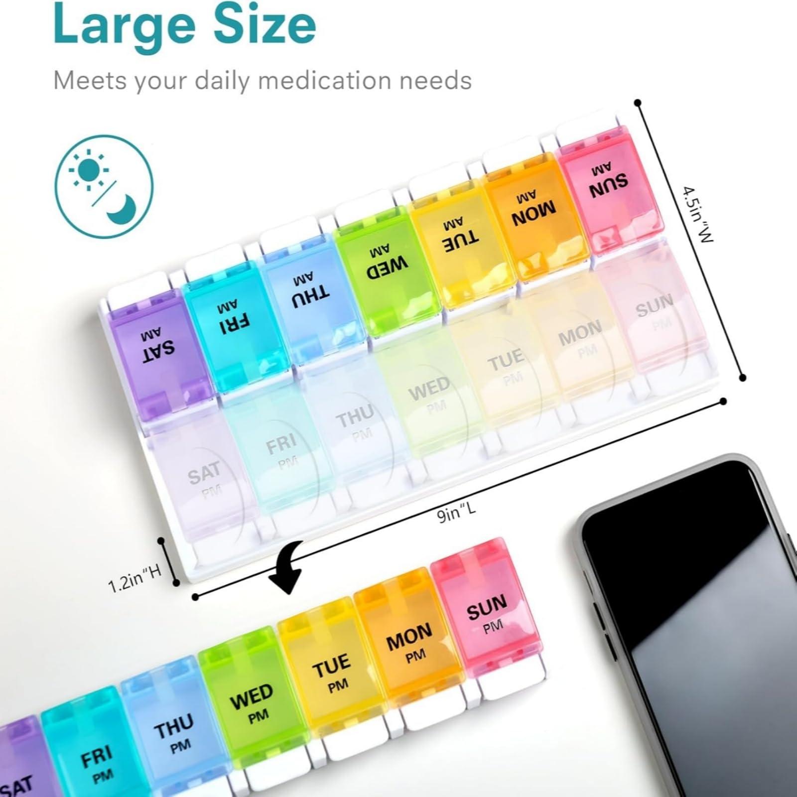 Sukuos AM PM Weekly Pill Organizer 2 Times A Day, Large Daily Pill Box Case 7 Day with Easy Push Button Design, Detachable Medicine Holder for Vitamin/Fish Oil/Supplements (Rainbow) - Image 4