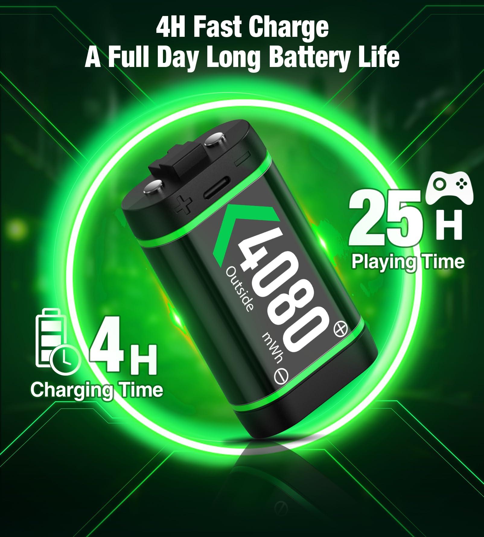 Upgraded Fast Charging Rechargeable Battery Packs for Xbox, 4 x 4080mWh Xbox Controller Batteries with Charger Dock & Light Control for Xbox Series X|S, One S/X/Elite Controllers, Console Accessory - Image 3