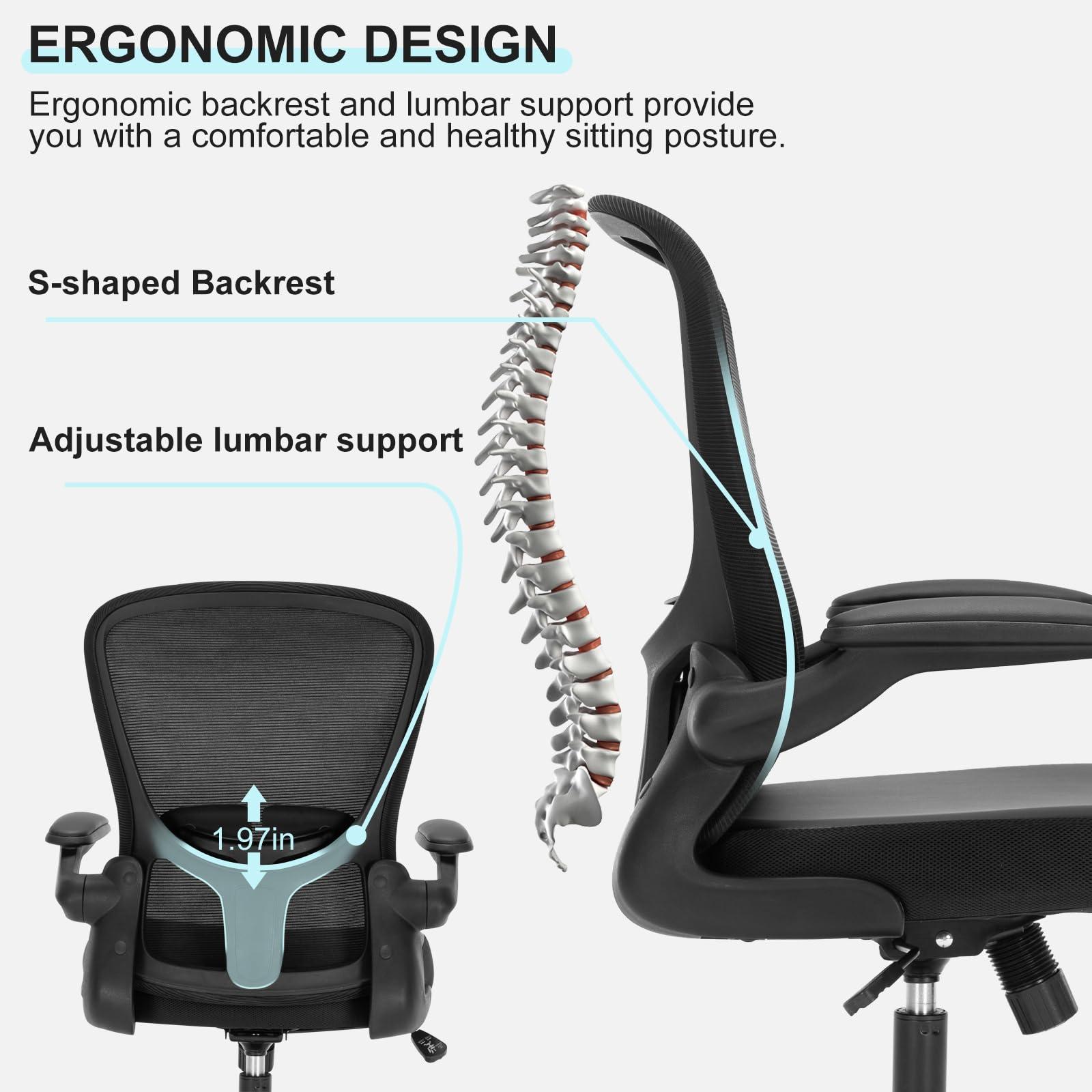 HOMIFYCO Office Chair, Ergonomic Desk Chair with Flip-up Armrests, PU Leather Computer Chair Home Office Desk Chairs with Lumbar Support, Mesh Swivel Executive Chair Rolling Task Chair, Black - Image 4