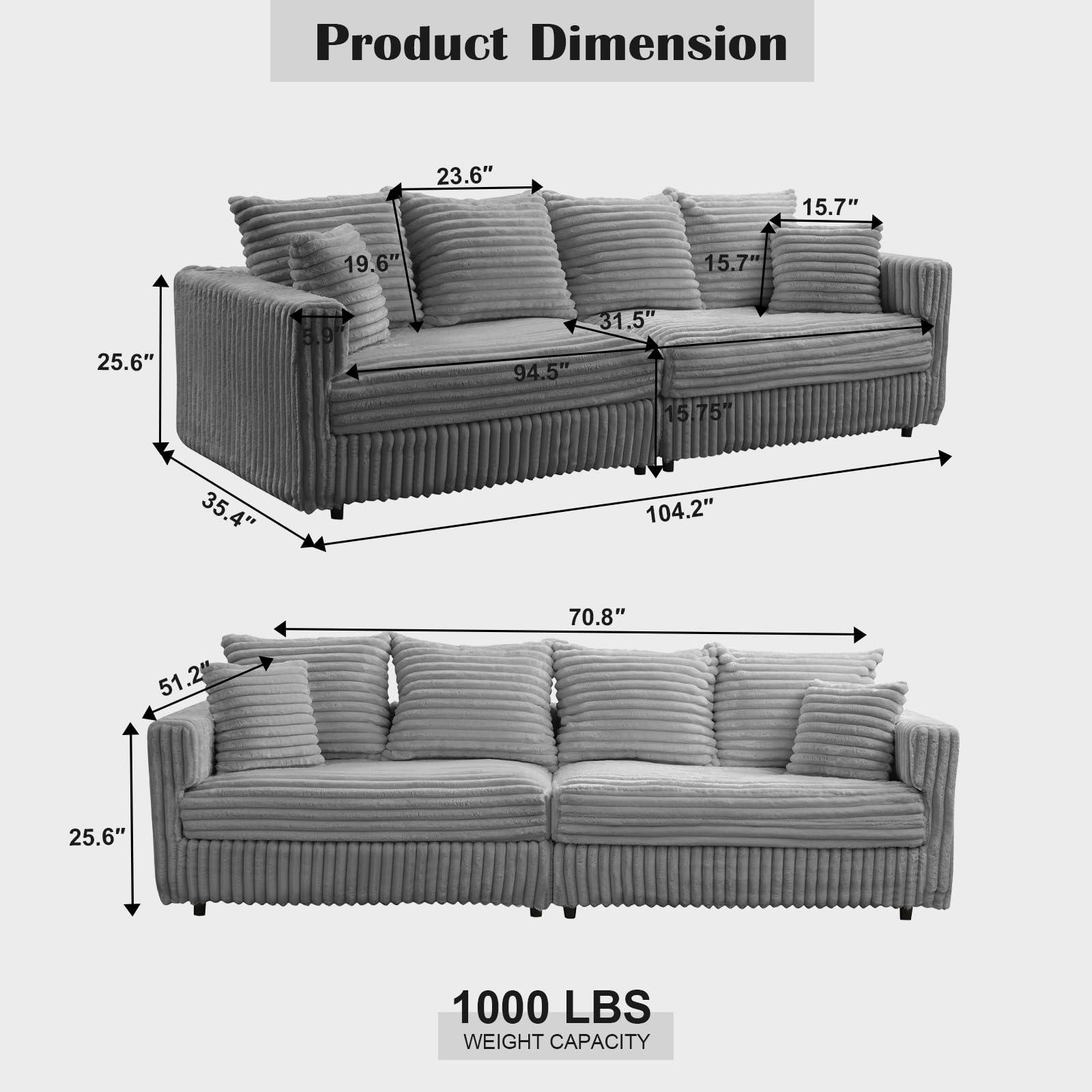 MJQFVM 104.3'' Cloud Couch, 4 Deep Seat Convertible Modular Sectional Sofa, Plush Corduroy & Memory Foam Couches with 6 Soft Pillows for Living Room, Apartment (Grey) - Image 2