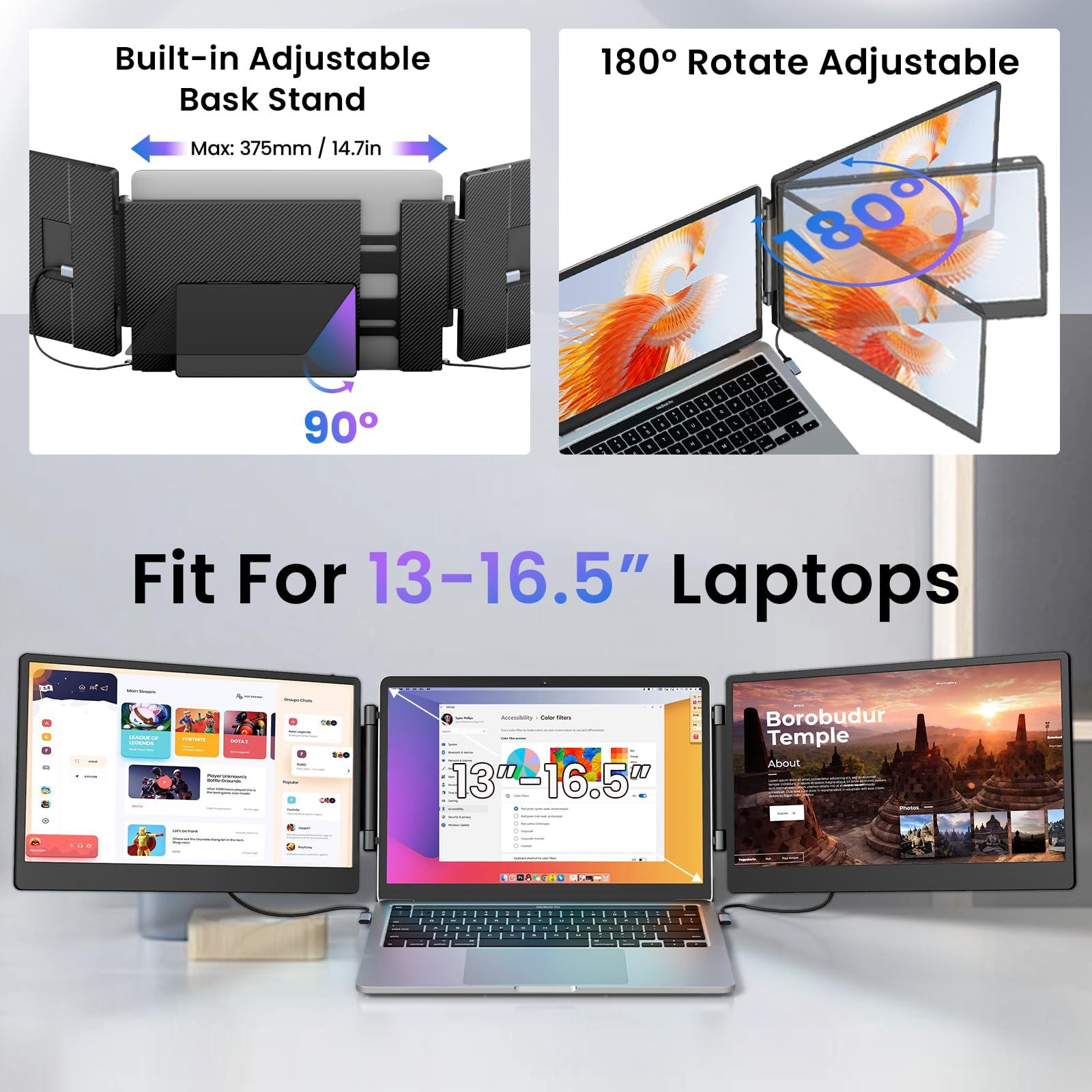 Laptop Screen Extender, 14" FHD 1080P Triple Portable Screen Extender Monitor for 13"-16.5" Laptop with Stand Dual Monitors Built-in Speakers, Laptop Monitor Extender for MacOS/Wins/Chrome/Dex - Image 4