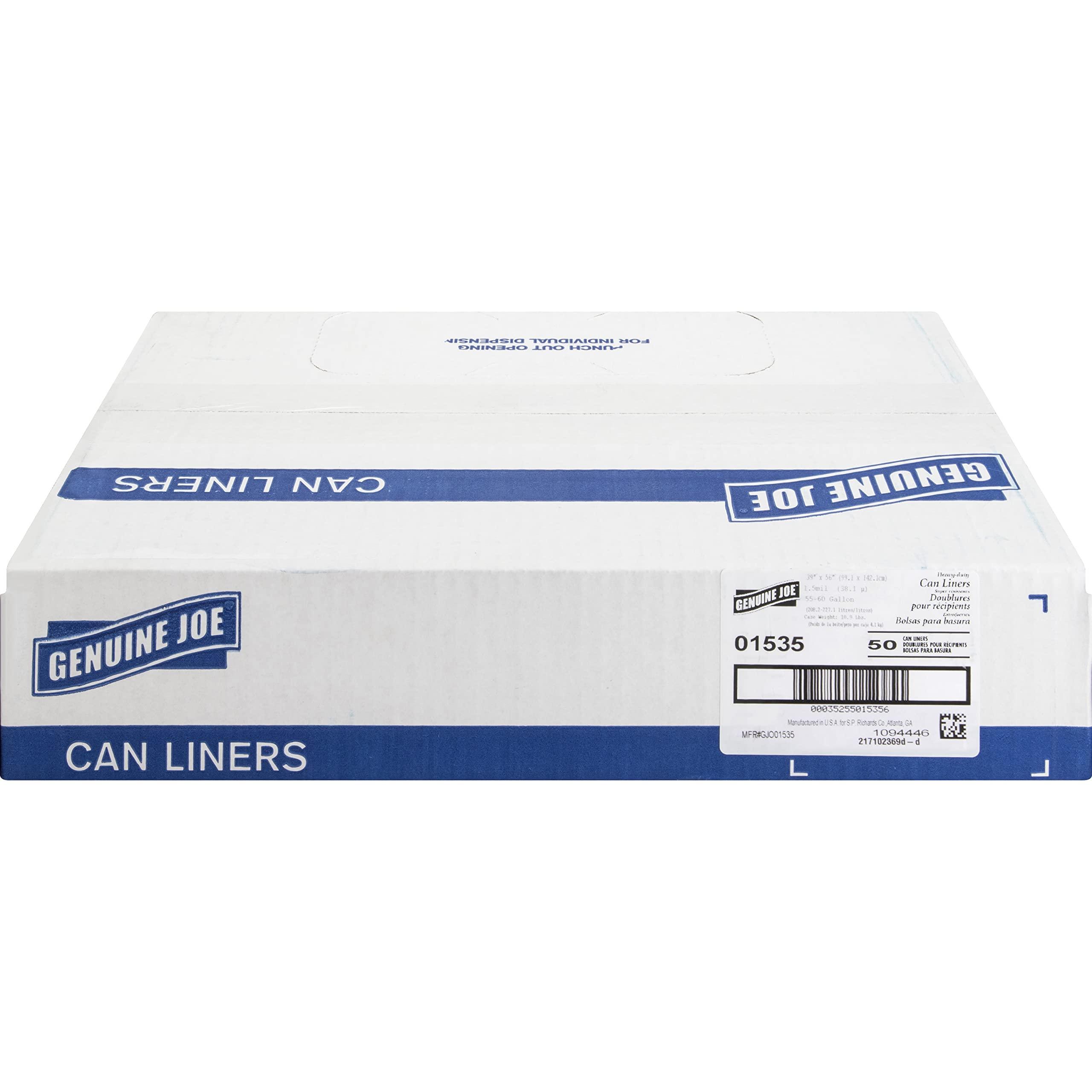 Genuine Joe GJO01535 Heavy Duty Low-Density Puncture Resistant Can Liner, 60 gallon Capacity, 56" Length x 39" Width x 1.50 mil Thickness, Black (Box of 50) - Image 6