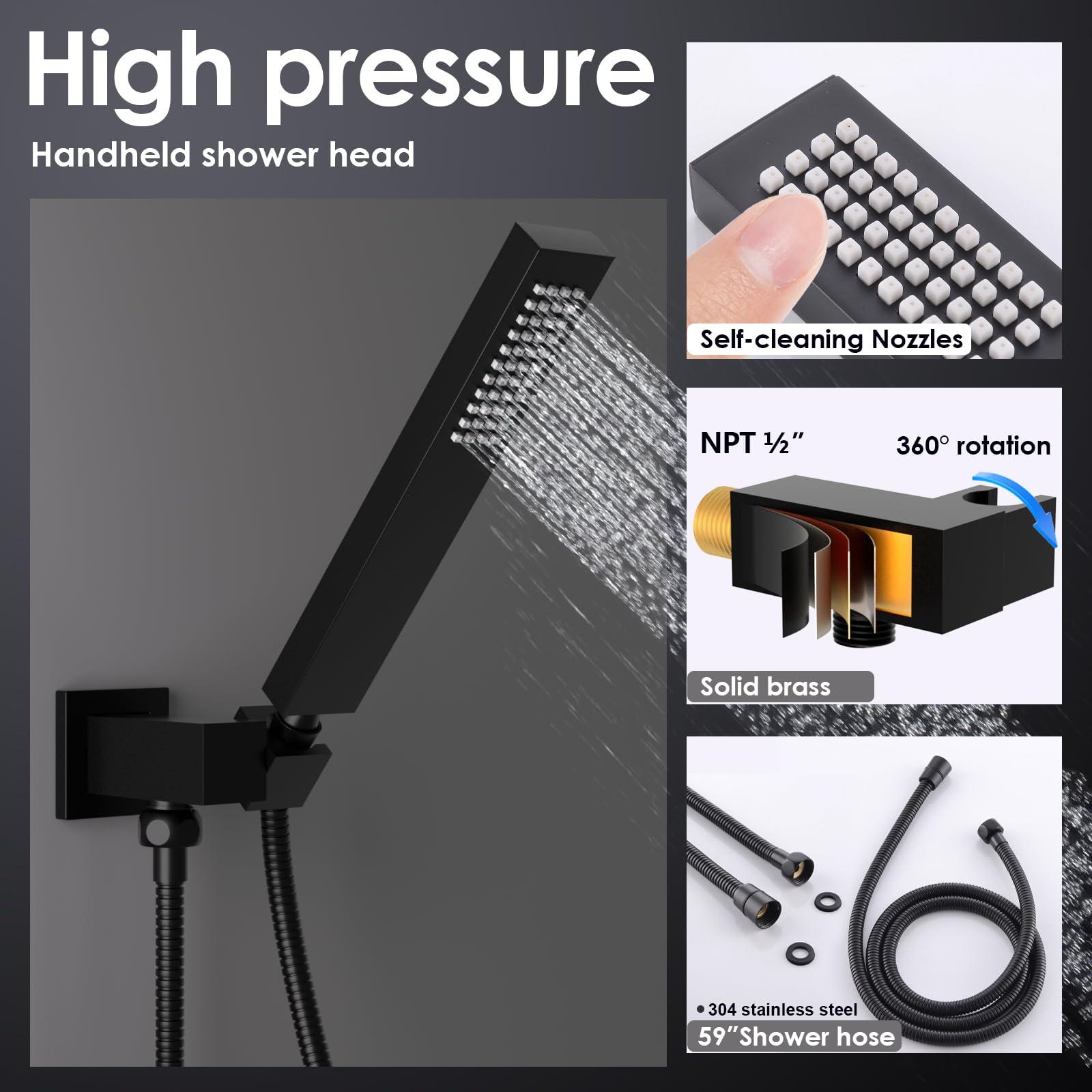 ENGA Bathroom Square Matte Black Solid Brass Hand Held Shower Head With Wall Connector and Hose System Wall Mount Handheld Showerheads Set - Image 6