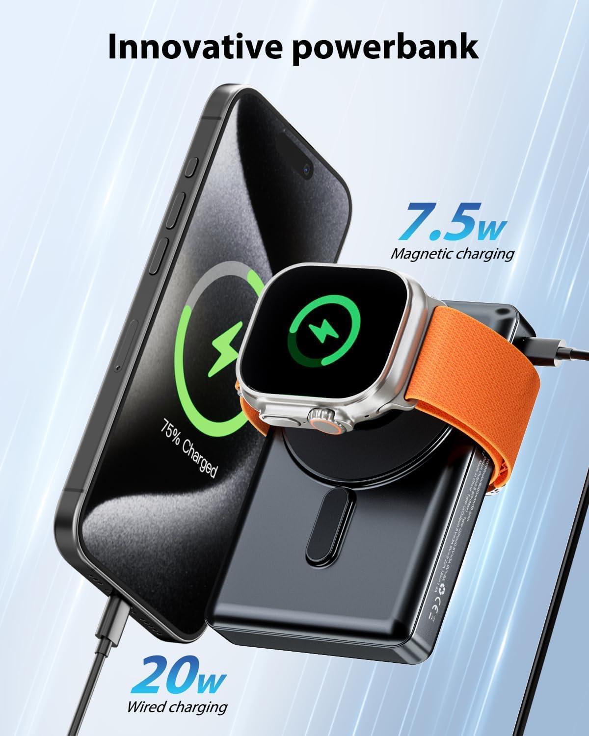 KPON Magsafe Power Bank, 10000mAh Fast Charging Magnetic Portable Charger with Foldable Stand, Wireless Battery Pack for iPhone 16/15/14/13/12 Series & Apple Watch - Image 4