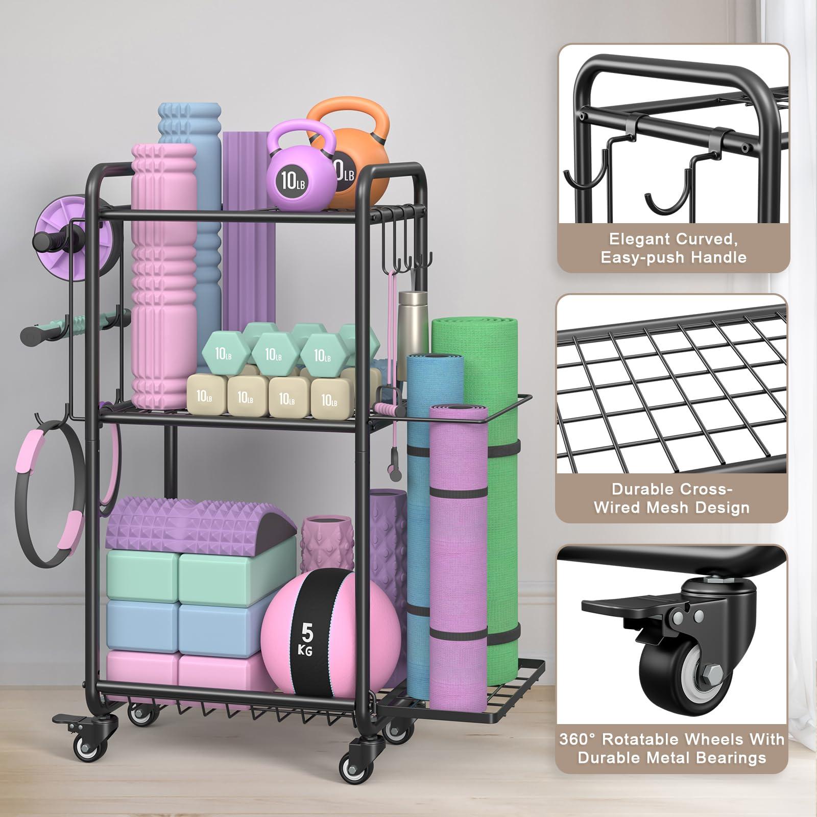 Weight Rack for Home Gym, All in One Yoga Mat Storage Rack, Workout Equipment Storage with Wheels and Hooks for Dumbbells Kettlebells Foam Rollers, Powder Coated - Image 3
