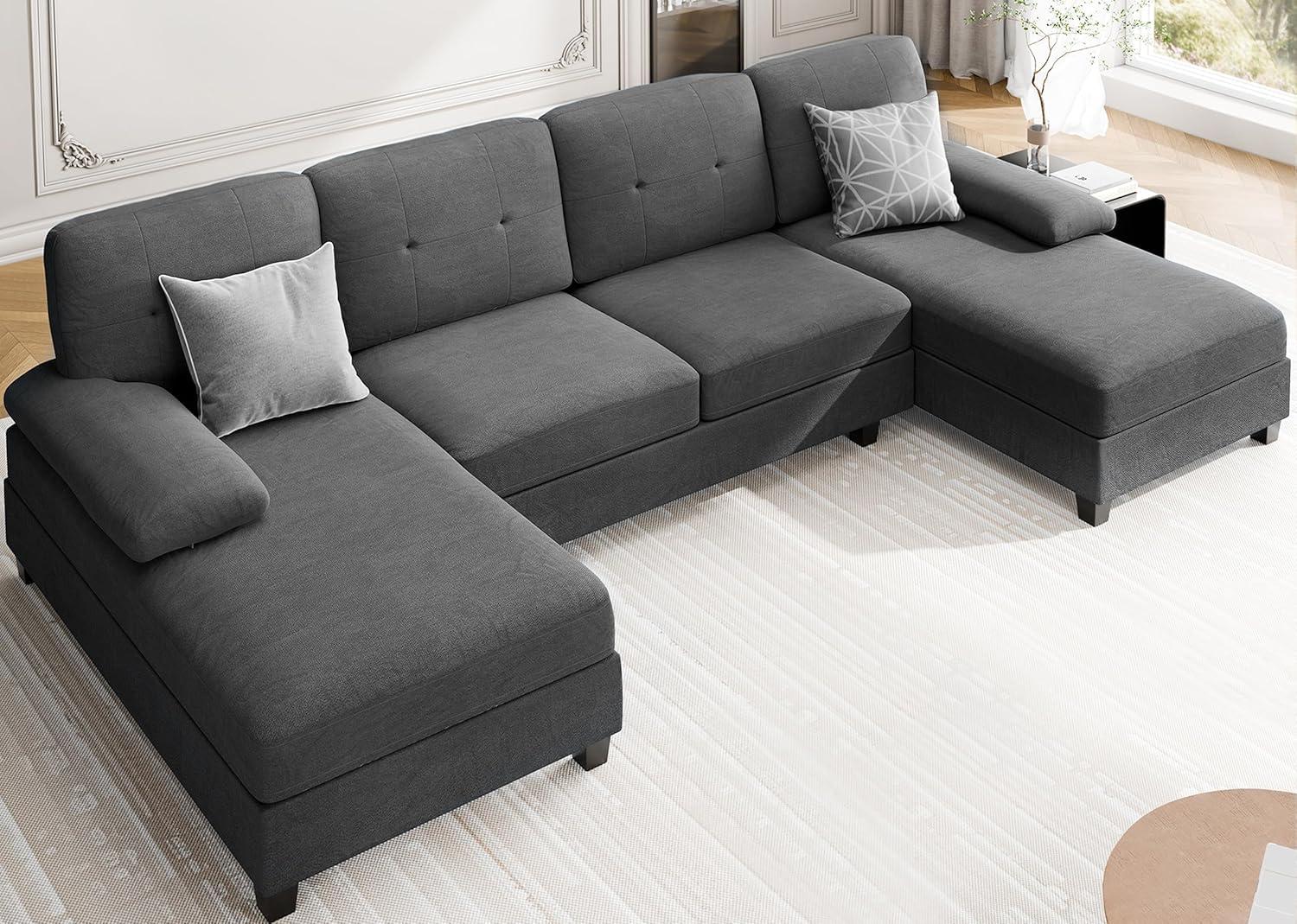 Meilocar Sectional Couches for Living Room, U Shaped Couches, Sectional Sofa with Double Chaise, 4 Seat Living Room Set, Black - Image 4