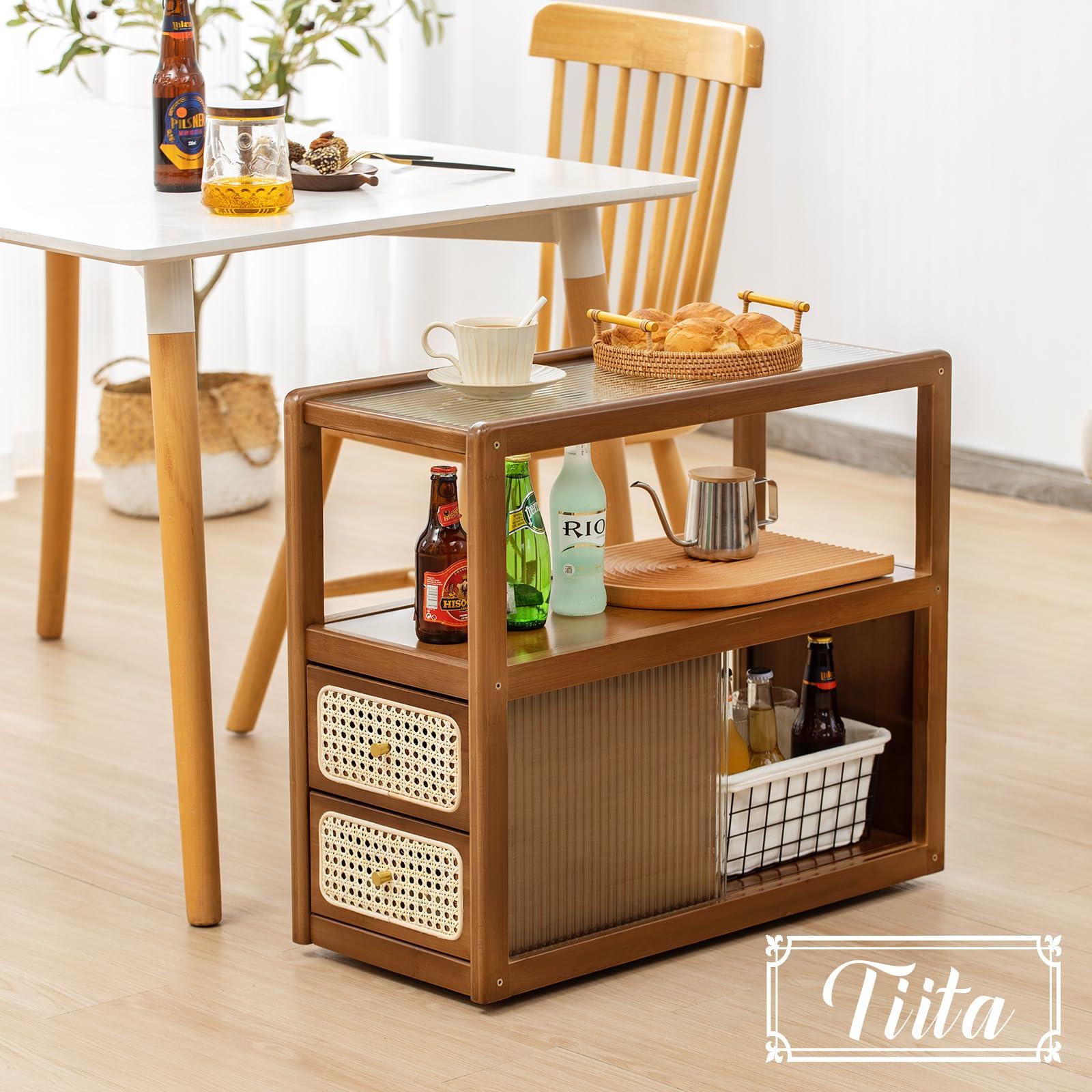Tiita Rattan Nightstand Side Table, Bamboo Accent Bedside Tables, Glass Coffee Tables, Boho Wooden End Table with Storage for Small Space, Living Room and Bedroom - Image 4