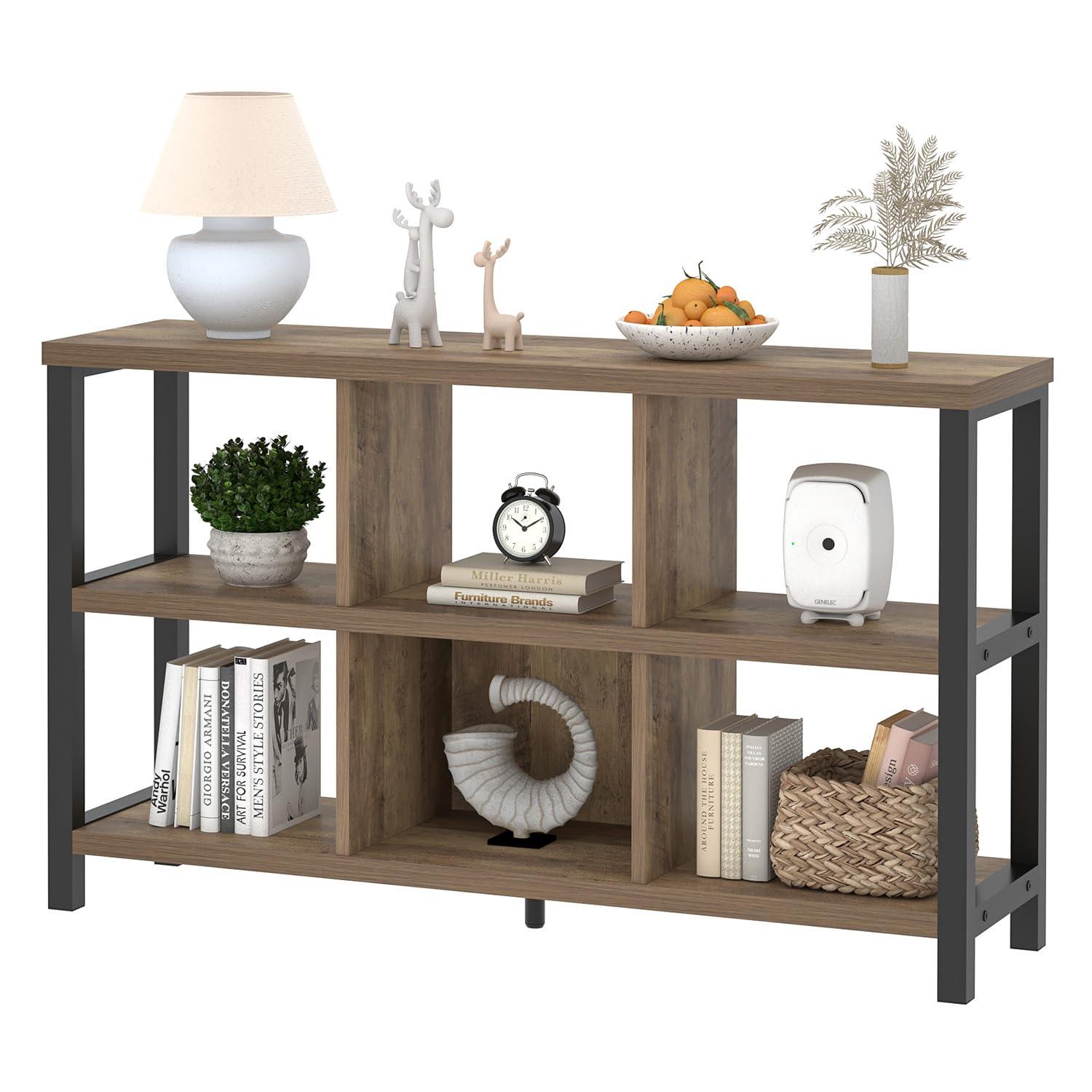 FOLUBAN 6 Cube Storage Organizer with Shelf, Industrial Horizontal Bookshelf, Low Cubby Bookcase for Living Room Bedroom, 47 Inch Oak - Image 8