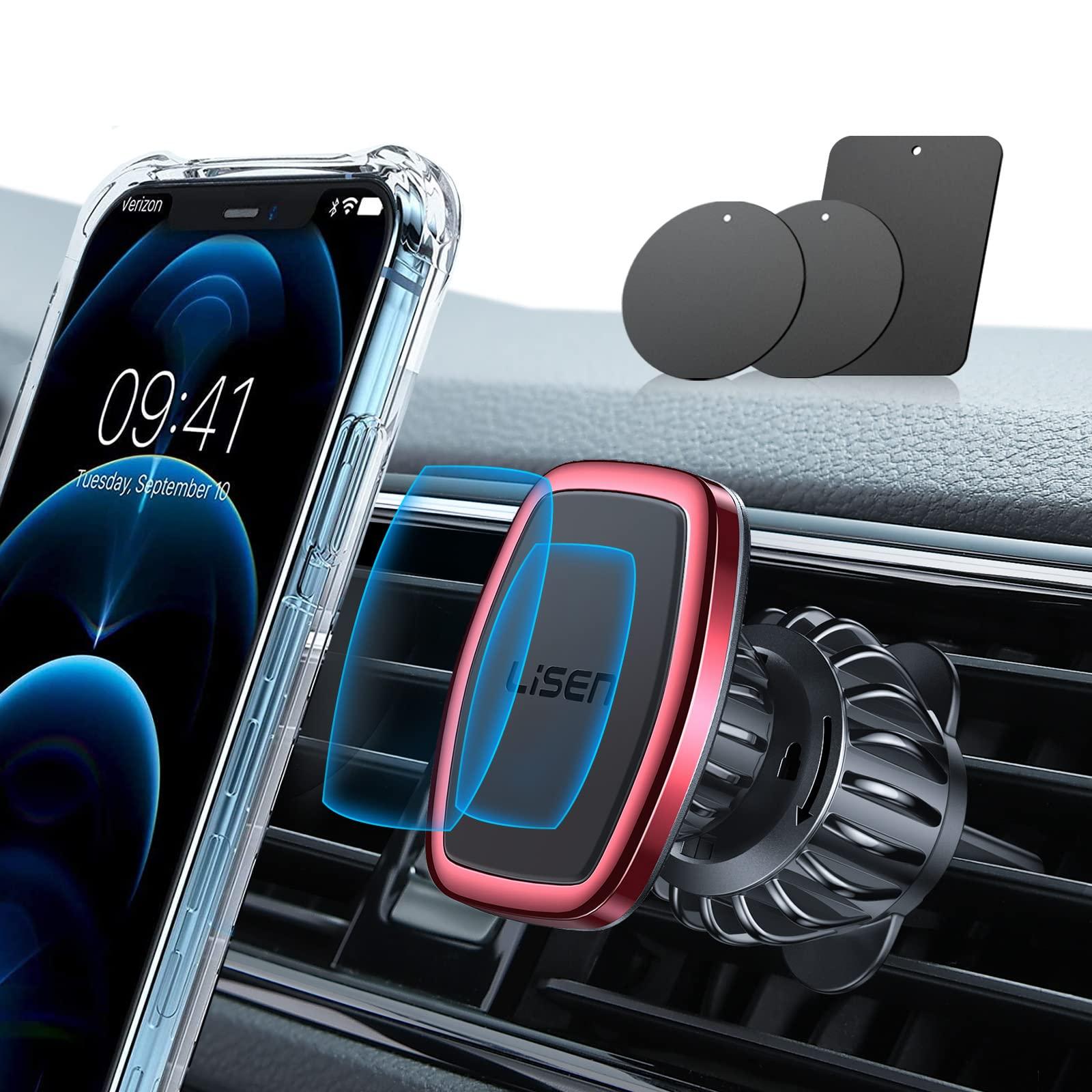 LISEN Magnetic Phone Holder for Car Upgraded Clip Ultra Car Phone Holder 6 Strong Magnets Cell Phone Holder Car Magnetic Case Friendly Phone Car Holder Mount for 4-6.7 inch Smartphones (Red)