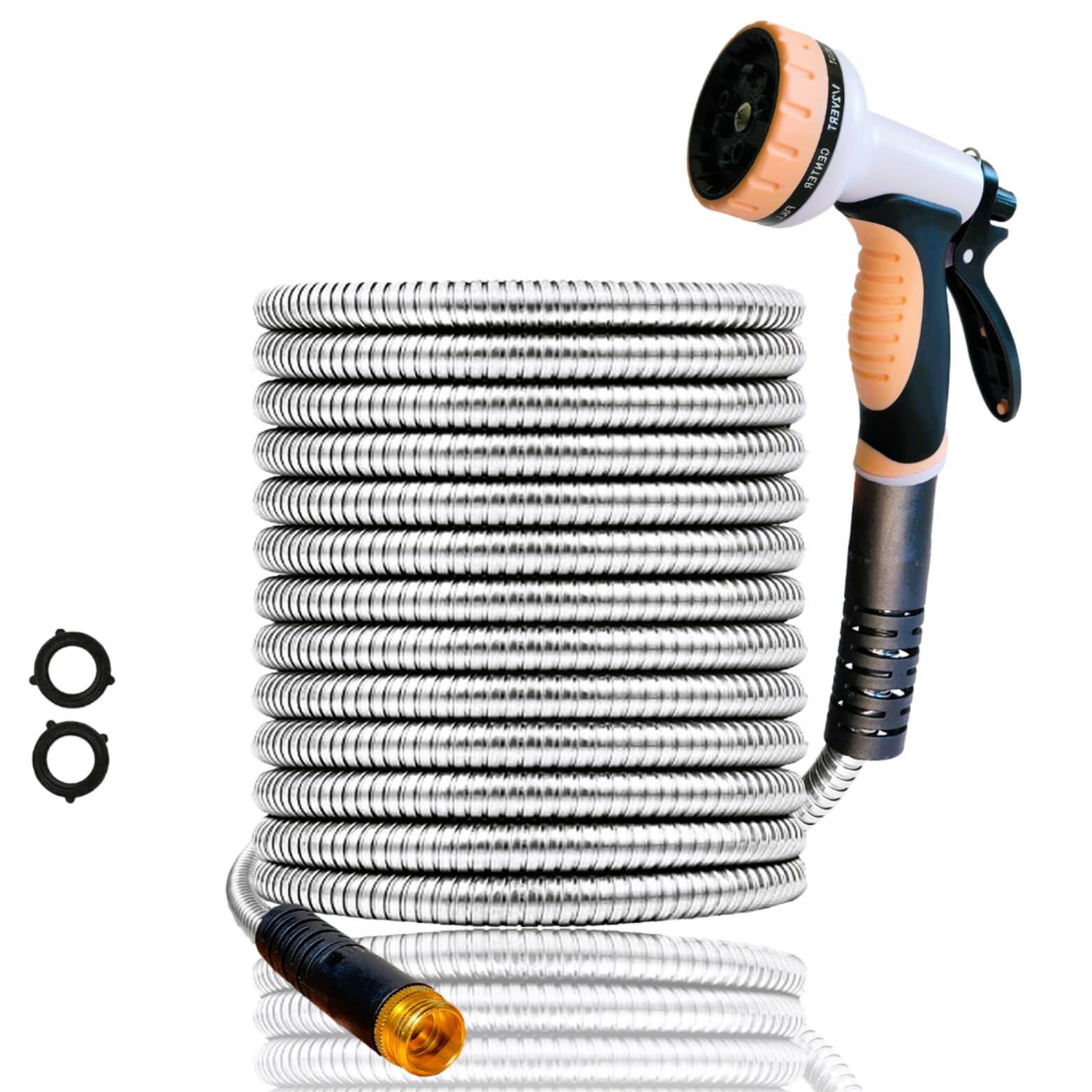 Floral Drip Garden Hose 75 ft- Flexible Light Weight Metal Water Hose (8.25 lbs). Non Expandable, No Kink, Pet and Rust Proof Hose. For Outdoor Use. Manguera Para Jardin. BONUS 10-way Spray Nozzle
