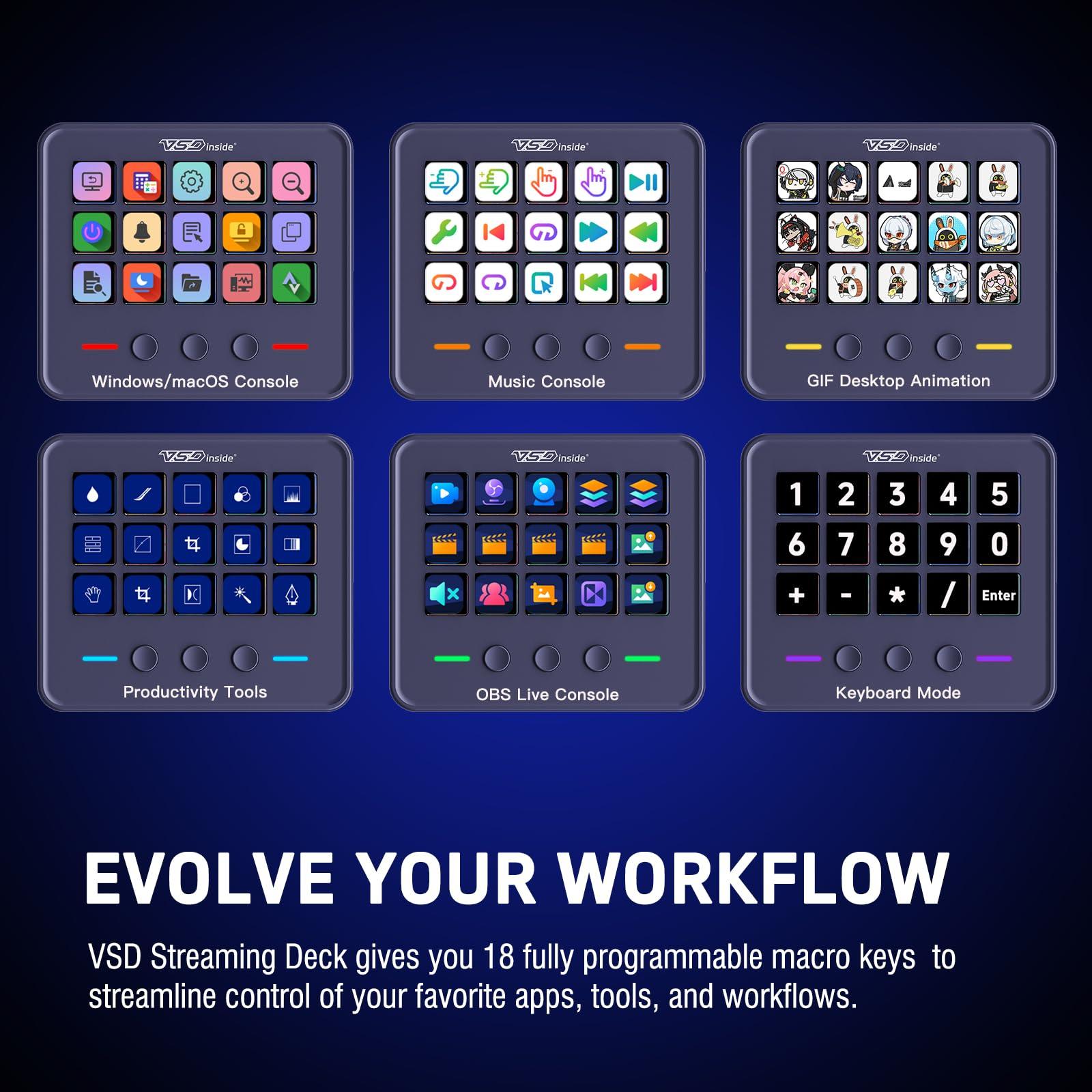 VSDINSIDE Macro Keypad, Stream Controller Deck Gaming Streaming Shortcut Keyboard, 18 Programmable Keys Customizable Visual AI Pad USB Soundboard for OBS, YouTube, Desk Office Setup, Laptop, PC, Mac - Image 3