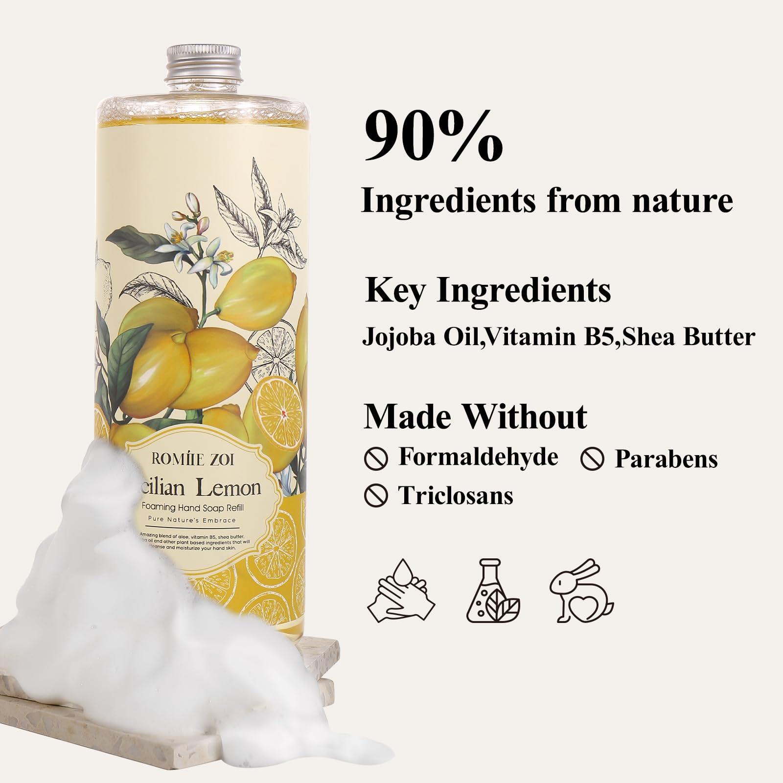 ROMIIE ZOI Wild Lemon Scented Foaming Hand Soap Refill Gift Set -3 Pack with Dispenser, Non-Toxic and Biodegradable Formula, Moisturizing with Essential Oil for Sensitive Skin (33.8 Fl Oz x 3) - Image 6