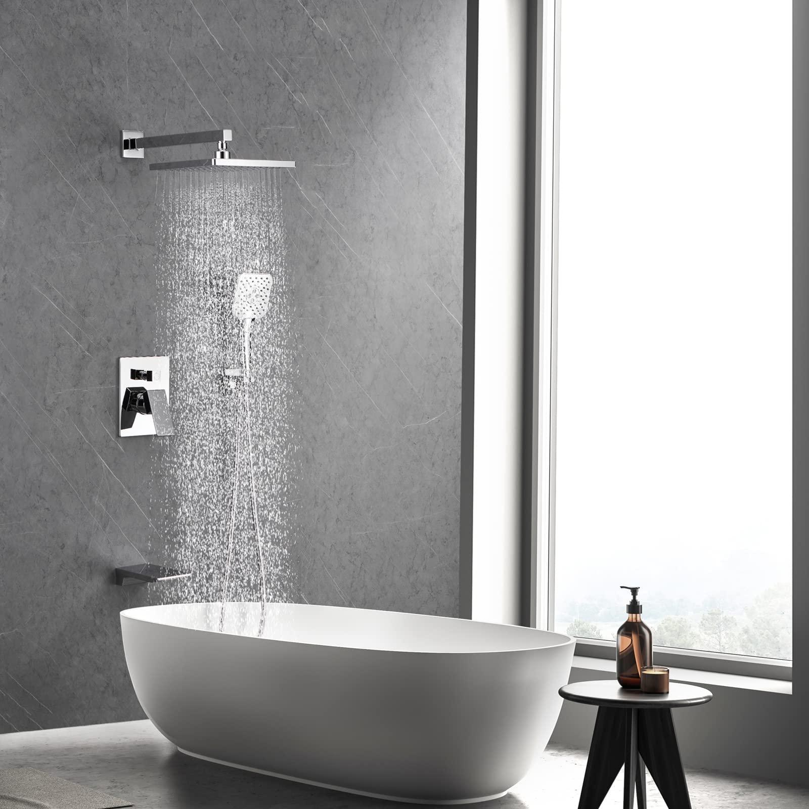 Gabrylly Shower System with Tub Spout, Wall Mounted Tub Shower Faucet Set for Bathroom with High Pressure 10" Rain Shower head and 3-Setting Handheld Shower Head Set,Chrome - Image 2