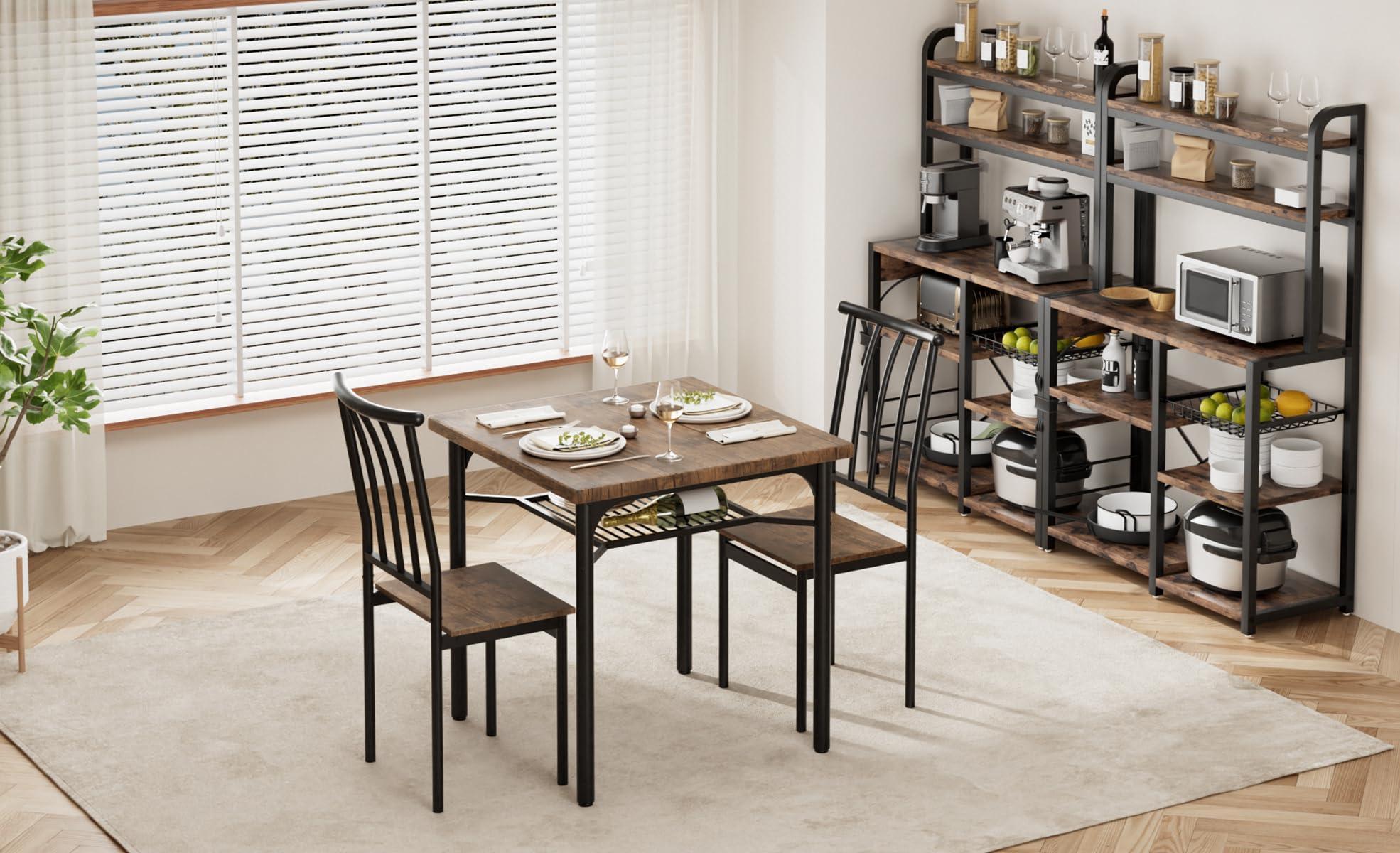 GAOMON Dining Table Set for 2, Kitchen Table and Chairs for 2 with Wine Rack, Dining Room Table Set with 2 Wood and Metal Chairs, Square Kitchen Table Set for Small Space, Apartment, Rustic Brown - Image 7