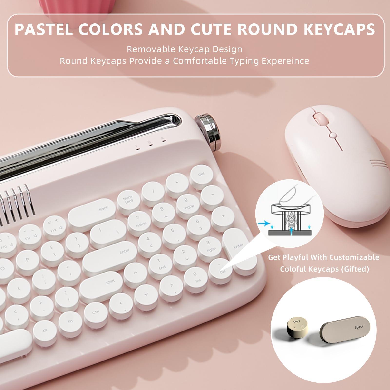 YUNZII Upgraded Wireless Typewriter Keyboard,with Retro Integrated Stand,USB-C/Bluetooth,Cute Round Keycaps, USB-C/Bluetooth Connection for Table, Phone, PC and Win/Mac/Android (B309, Baby Pink) - Image 4