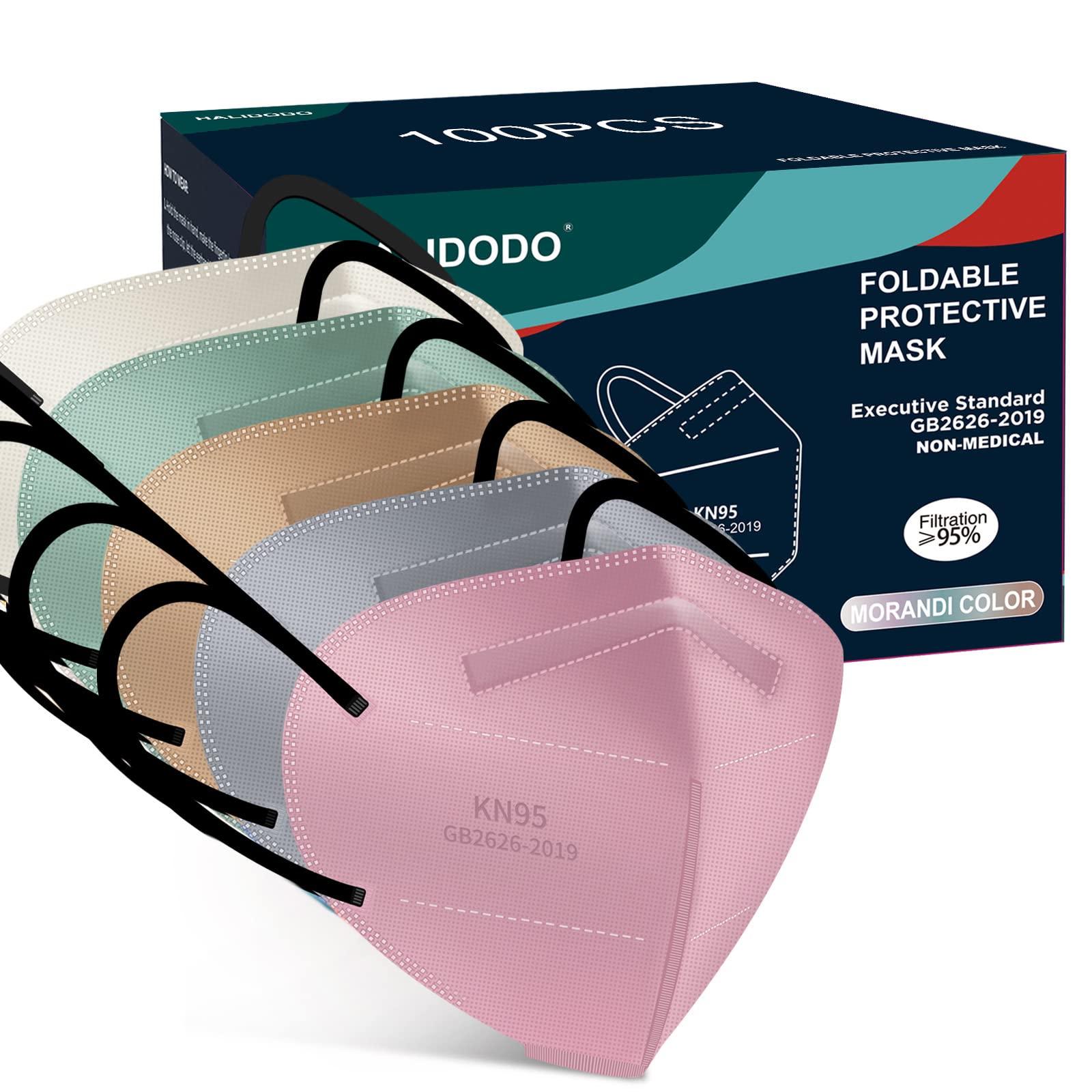 HALIDODO 100 Packs Individually Wrapped KN95 Face Mask 5-Ply Breathable & Comfortable Filter Safety Mask with Elastic Ear loop and Nose Bridge Clip, Protective Face Cover Mask, Morandi Multi Color