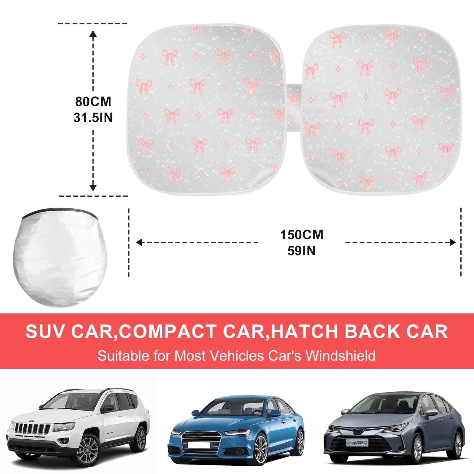 Pink Bow Print Car Windshield Sun Shade, Foldable Reflective UV Protection Sun Visor with Storage Pouch, Auto Interior Accessories for Sedan, SUV, Hatchback - Image 2