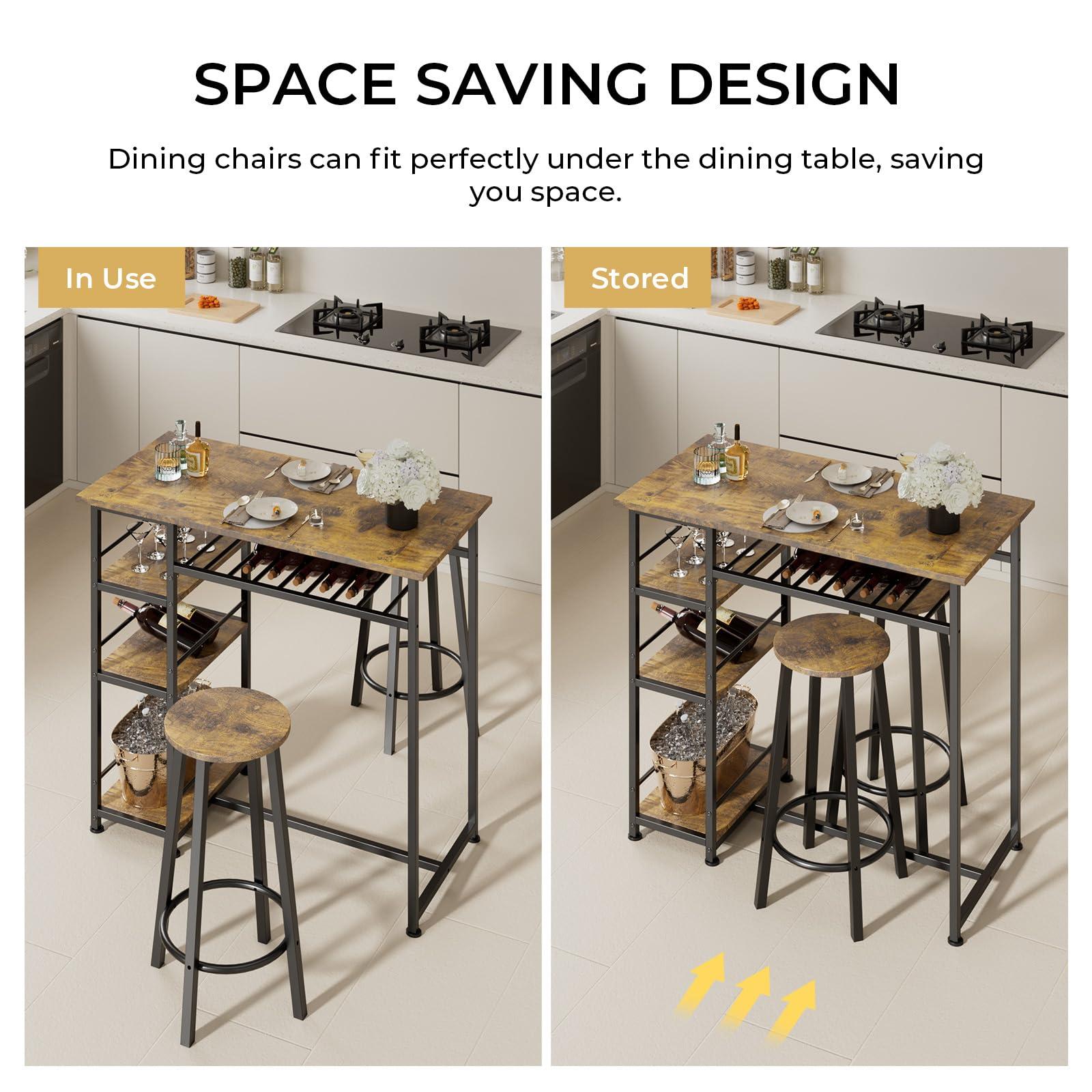 COMHOMA Dining Table Set for 2, Counter Height Kitchen Table and Chairs with Storage Shelves & Wine Rack, Bar Table Set with 2 Bar Stools, 3 Piece Dining Room Table Set for Small Space, Retro Brown - Image 6