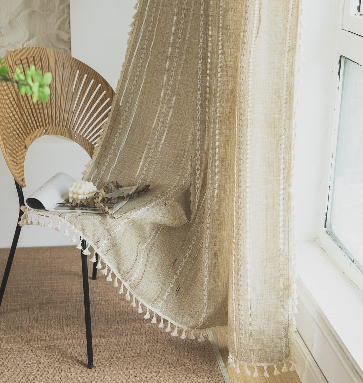 Sutuo Home Boho Curtain for Bedroom Living Room 84 Inches Length, Light Filtering French Country Farmhouse Vintage Chic Tassels Hollow Window Treatment Bohemian Drape, 1 Panel 52" W x 84" L Natural - Image 8