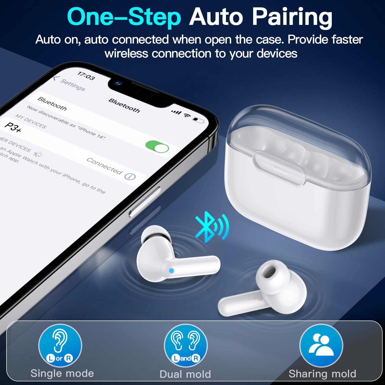 kurdene P3 Wireless Earbuds Bluetooth 5.3 Headphones, Deep Bass Stereo with Microphone Earphones in-Ear, Immersive Premium Sound Ear Buds for iPhone, Android-Clear - Image 4