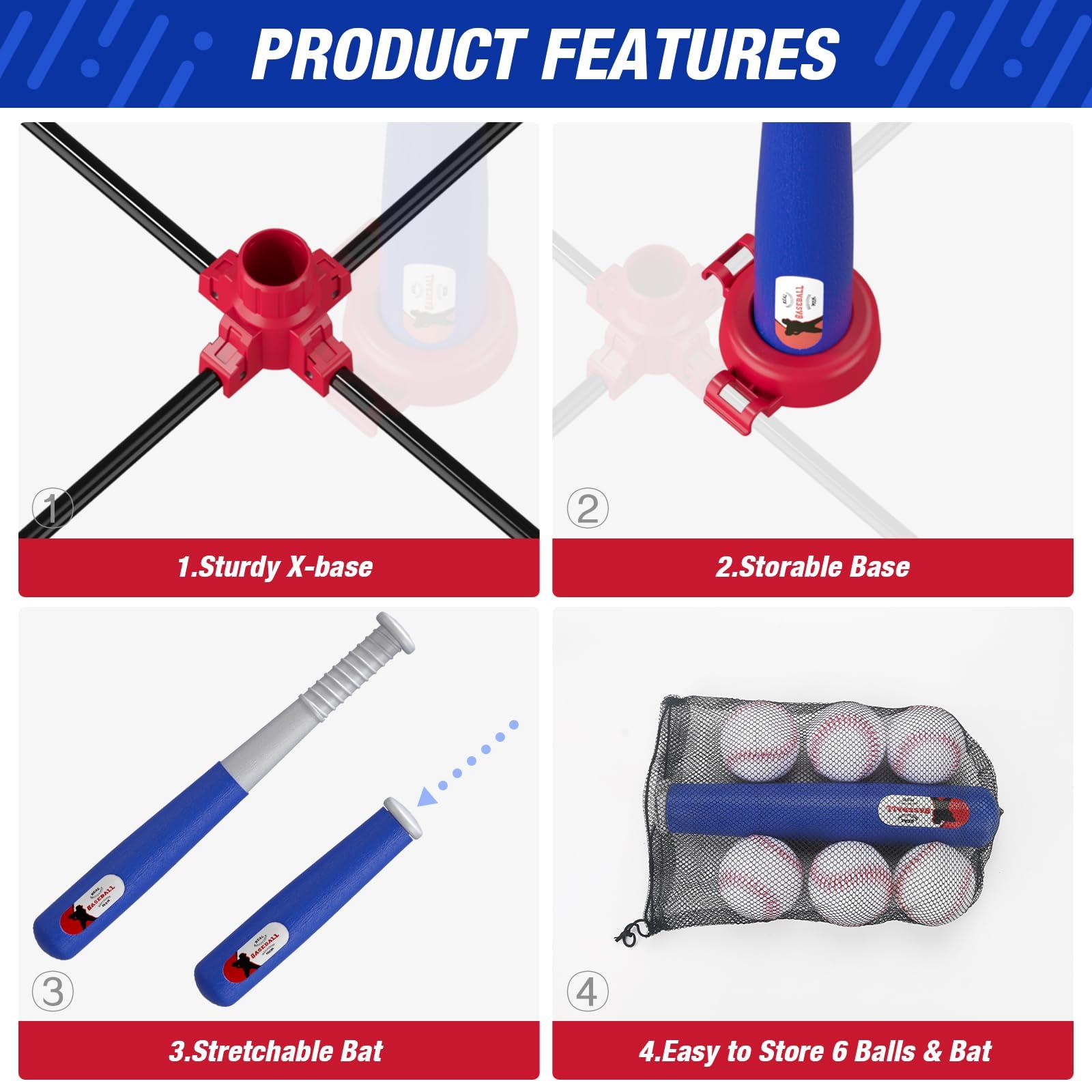 HYES 3-in-1 Baseball Set for Kids 3-5 - Tee Ball Stand, Hanging Tee, Ball Launcher and 6 Softballs - Adjustable Height, Indoor/Outdoor Sport Gifts for Boys, Blue - Image 9