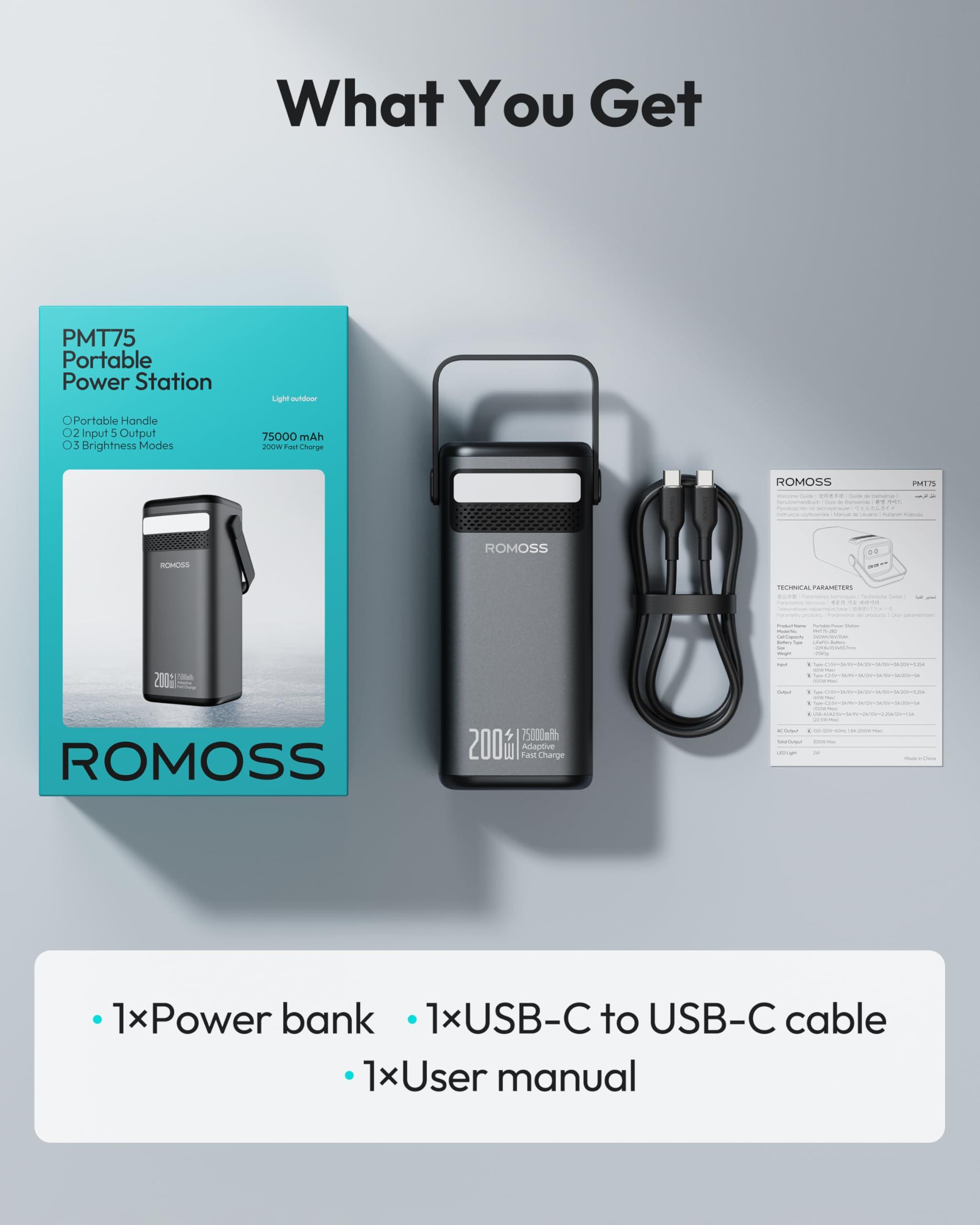 ROMOSS Power Bank Station 75,000mAh, 240Wh Outdoor Power Station, LiFePO4 Battery Pack, 200W AC Outlet, 100W USB-C in/out, Fast Charging, Smart Display and LED Light, for Outdoor Camping and Emergency - Image 9