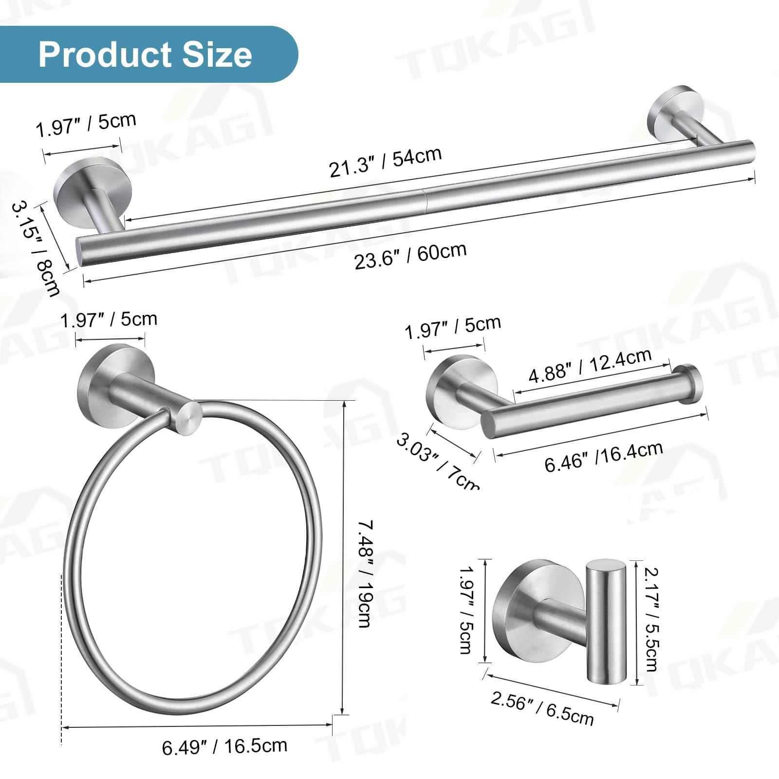 TQKAG Brushed Nickel Bathroom Hardware Set 6-Piece Bathroom Accessory Set 23.6 Inch Round Stainless Steel Towel Bar Set Wall Mounted - Image 3