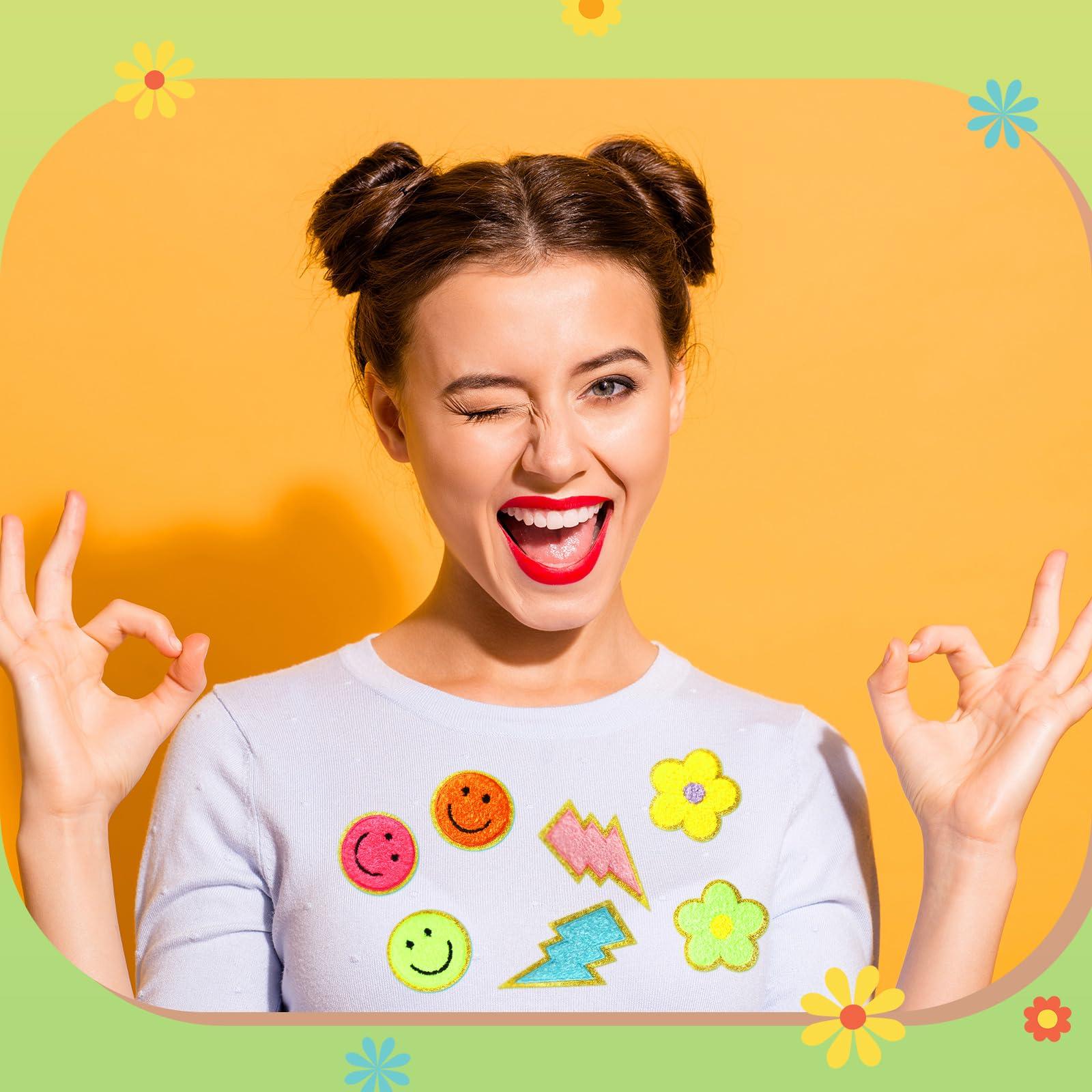 Yilloog 50 Pcs Self Adhesive Chenille Patches Paw Print Smile Face Heart Patch Preppy Sticker Chenille Rainbow Sew on Sticker for Jackets Jeans(Colorful Style,Rainbow Color) - Image 6
