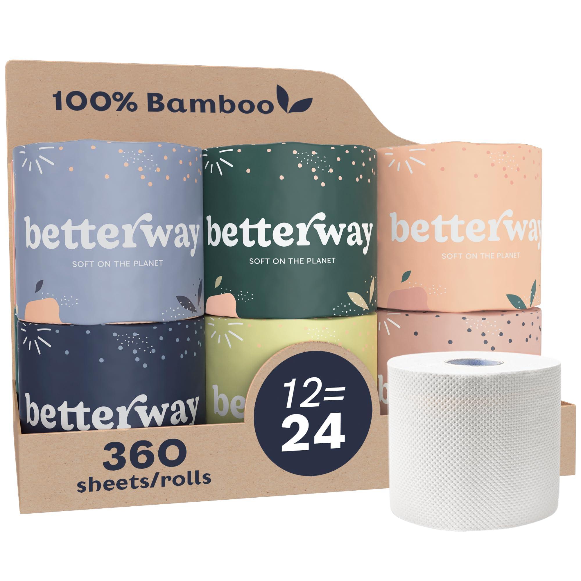 Betterway Bamboo Toilet Paper 3 Ply - Sustainable Toilet Tissue - 12 Double Rolls & 360 Sheets Per Roll - Septic Safe - Organic, Plastic & PFAS Free - FSC Certified