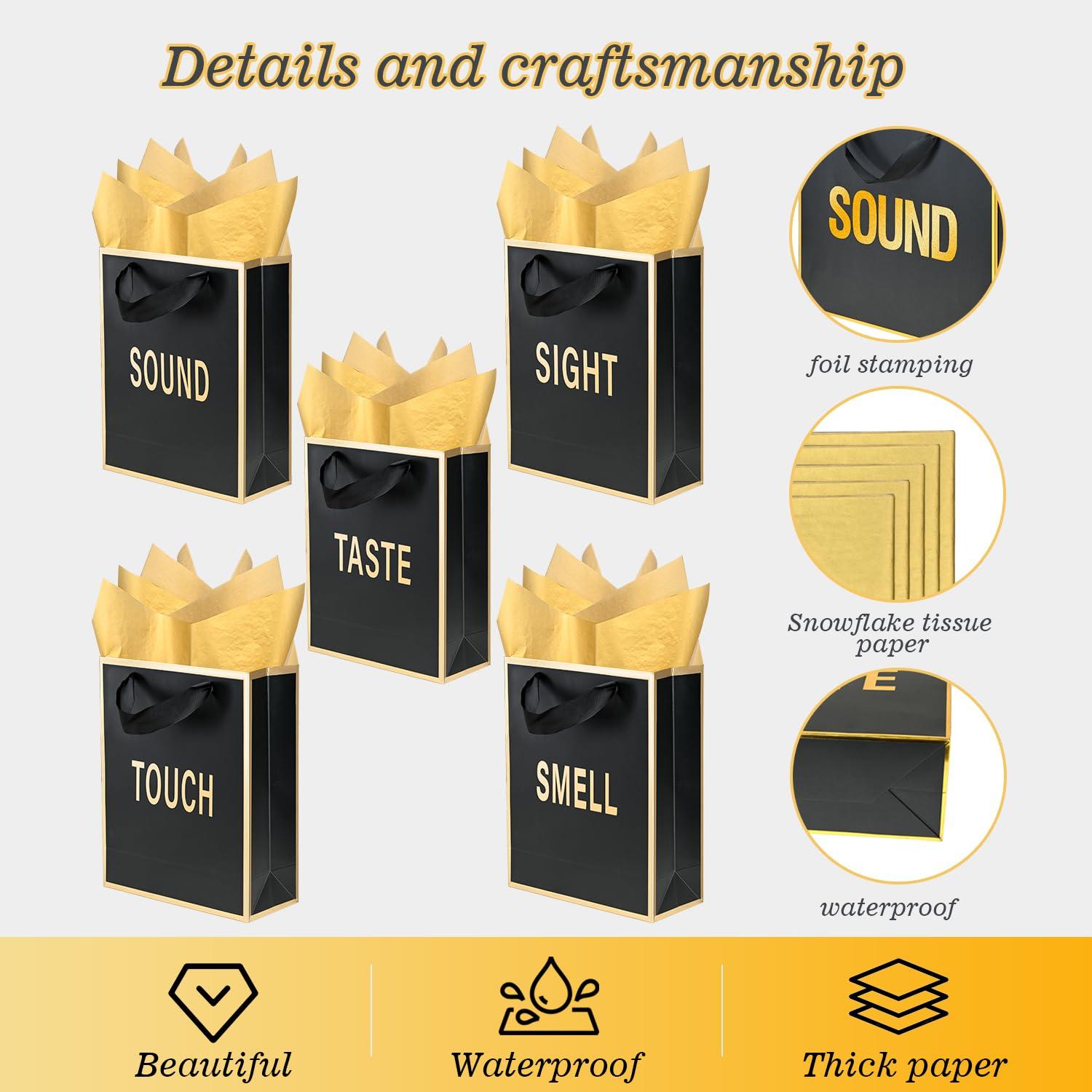 Gold Foil 5 Senses Gift Bags for Him Her with Labels Envelopes and Cards, Sight Smell Touch Taste Sound Gift Bags with Tissue Handle for Birthday, Anniversary, Mother's Day, Valentine's Day(9x7x3.15inch) - Image 5