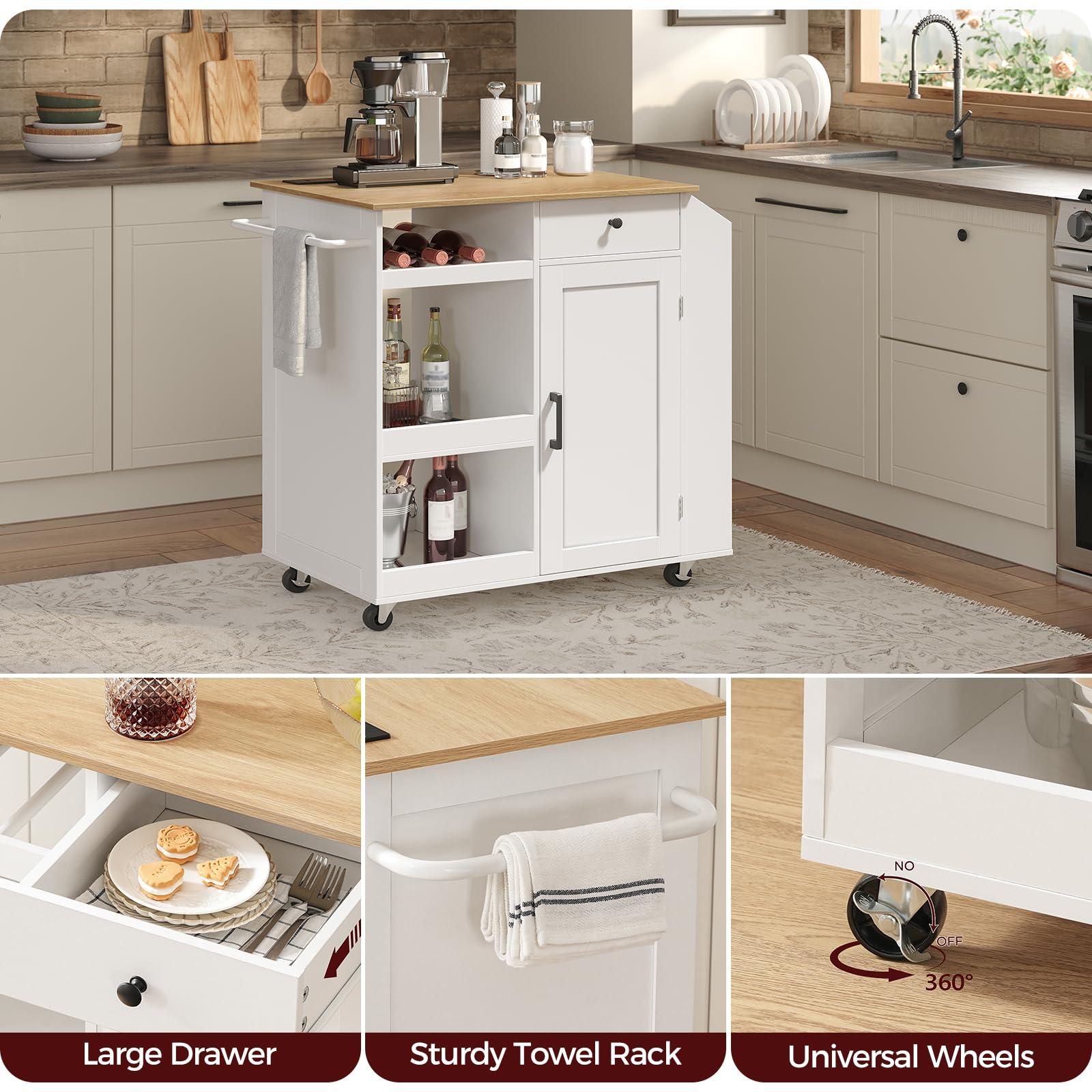 MAHANCRIS Kitchen Island with Power Outlet, Kitchen Storage Island with Drawer, Rolling Kitchen Cart on Wheels, Spice Rack, Towel Rack, Wine Rack, for Dining Room, White and Natural KINW122E01N1 - Image 7