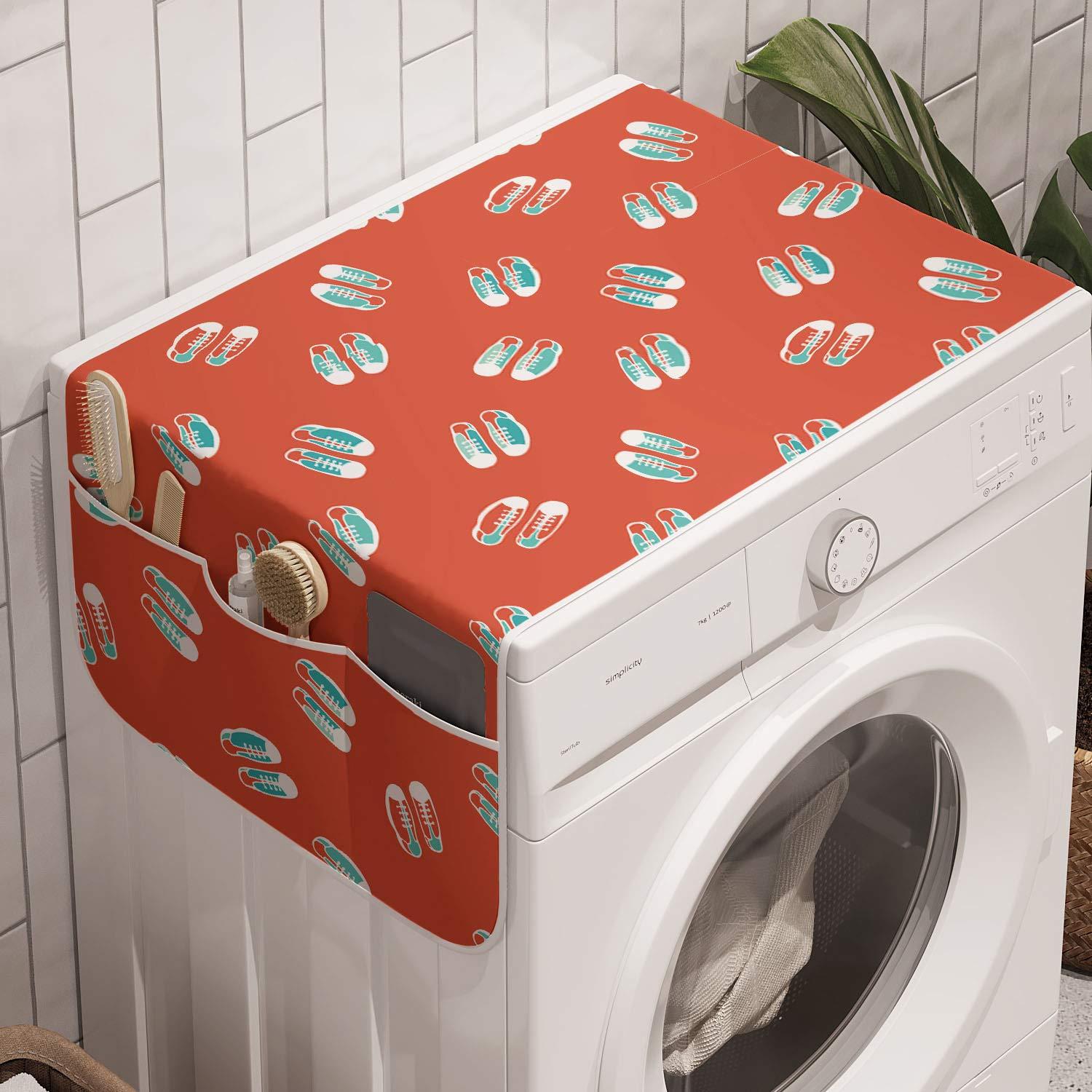Ambesonne Shoes Washing Machine Organizer, Sports Sneakers Doodles Running Shoelaces Sportive Style Footwear, Anti-slip Fabric Cover for Washers and Dryers, 47" x 18.5", Seafoam White