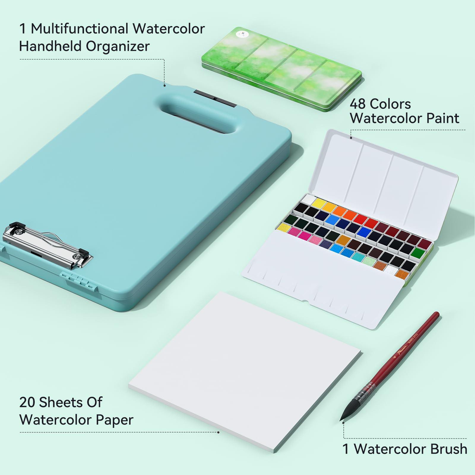 MeiLiang Travel Watercolor Paint Set, Watercolor Set Includes 48 Colors Solid Watercolors + 7.5x7.5 inch 50% Cotton Watercolor Paper(20 Sheets) + 1 Watercolor Brush + Green Handheld Organizer - Image 4