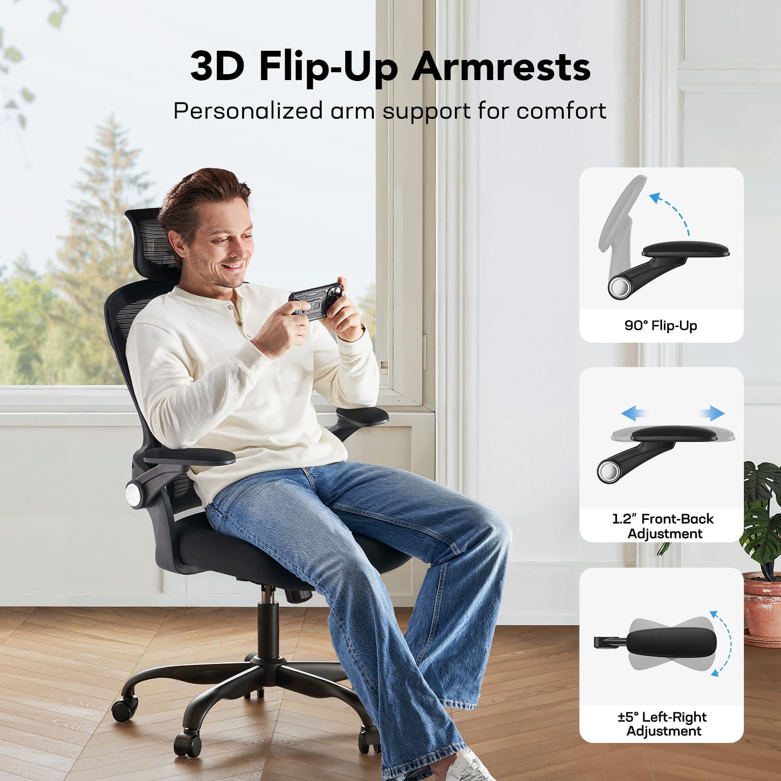 HUANUO Ergonomic Office Chair, High Back Desk Chair with Up&Down Lumbar Support, 3D Flip-Up Armrests, 2D Headrest, Swivel Computer Task Chair with Wheels and Tilt Function for Home & Office, HNOC13 - Image 3