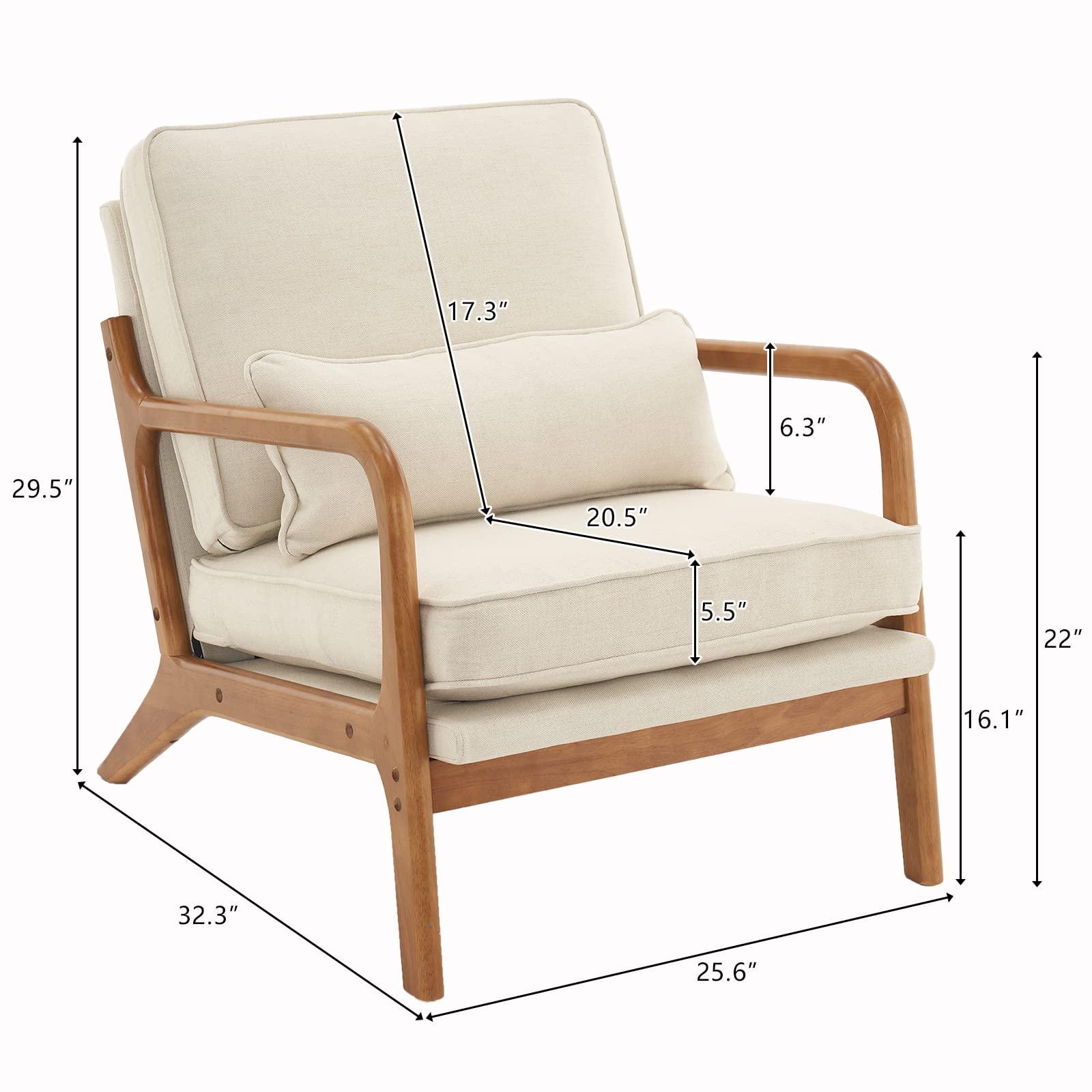 Karl home Accent Chair Mid-Century Modern Chair with Pillow Linen Fabric Upholstered Lounge Arm Chair with Solid Wood Frame & Soft Cushion for Living Room, Bedroom, Balcony, Beige - Image 2
