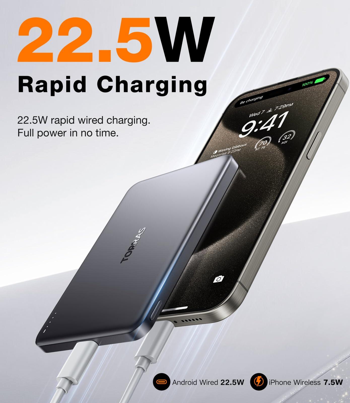 TORRAS MiniMag Power Bank,Ultra-Slim 10,000mAh Magnetic Wireless Portable Charger, 22.5W Fast Charging Battery Pack with USB-C Cable Designed for iPhone 16 Pro Max/16 Pro/16/15/14/13/12, Glacier Gray - Image 5