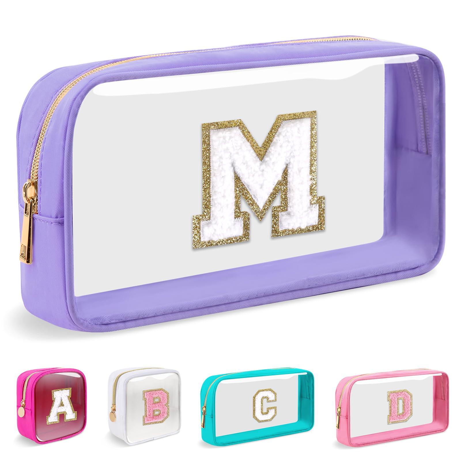 Small Clear Personalized Initial Makeup Bag,Nylon Preppy A-Z Chenille Letter Patch Cosmetic Pouch Beach Toiletry Bag,Waterproof Zip Travel Purse Storage Bag Organizer for Women Girls(Purple-White M)