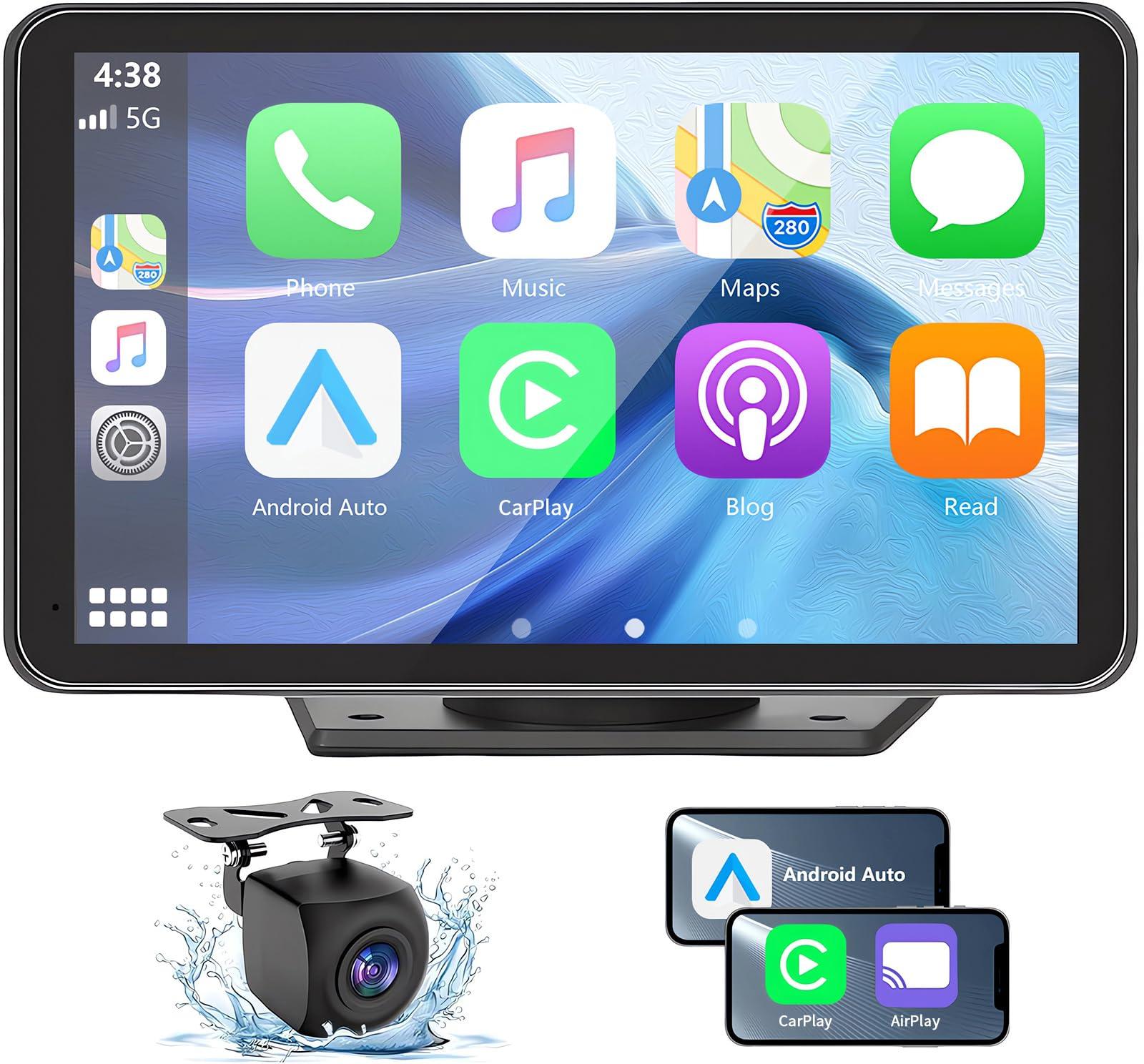 Gegaibe Wireless Car Stereo with Apple CarPlay/Android Auto, Portable Touch Screen Car Radio Multimedia Player with Bluetooth, Backup Camera, Navigation, Mirror Link for All Vehicles