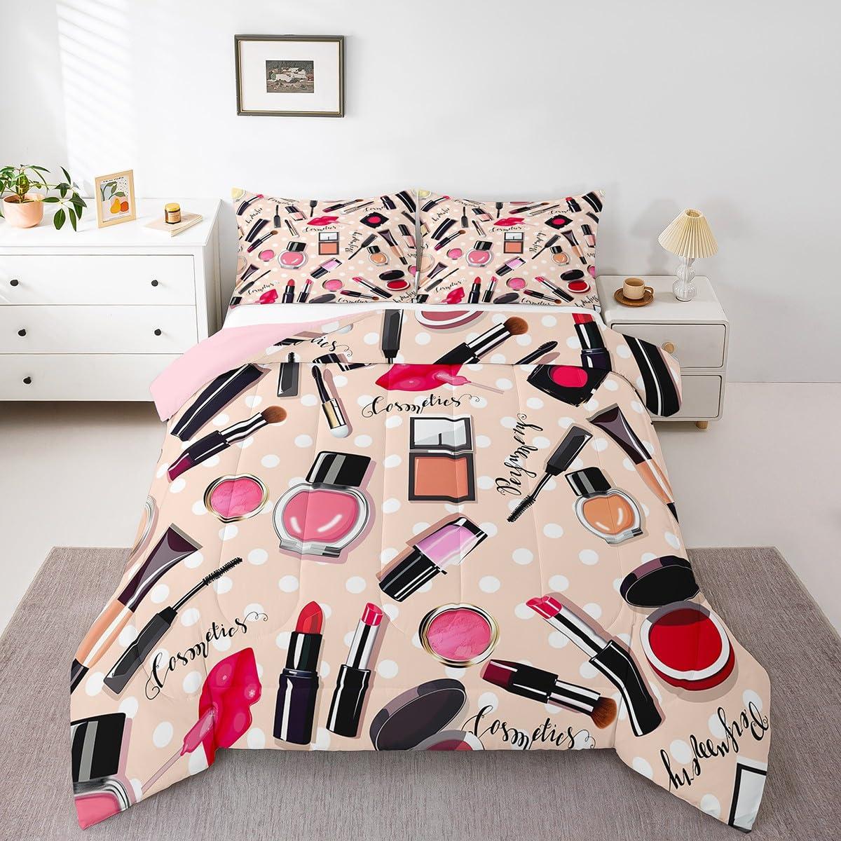 Erosebridal Fashion Comforter Set Makeup Cosmetic Theme Bedding Set Perfume Lipstick Modern Quilt Soft Microfiber Home Decor for Women Girls 1 Comforter with 2 Pillow Cases Full Size - Image 3