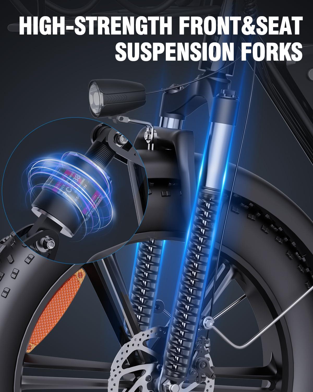 Ridstar 2 Seater Electric Bike for Adults,1500/1000W 30MPH 30-70Miles 48V 15AH Removable Battery Ebike 20" x 4.0 Fat Tire Beach Mountain Commuting Electric Bicycles W/Fork Suspension UL2849 - Image 7
