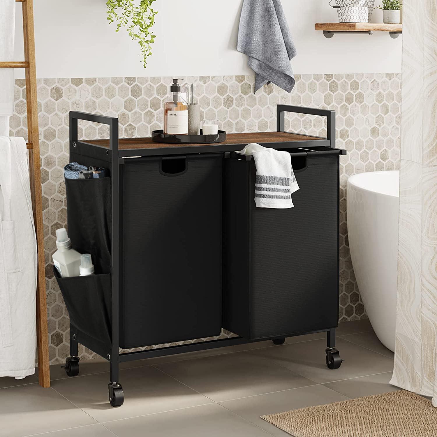 WOWLIVE Double Laundry Hamper with Lid,Rolling Laundry Basket Organizer with Wheels, Iron-Made Laundry Sorter with Top Shelf and 2 Removable Bags,Large Clothes Storage for Room,Black 1 - Image 2
