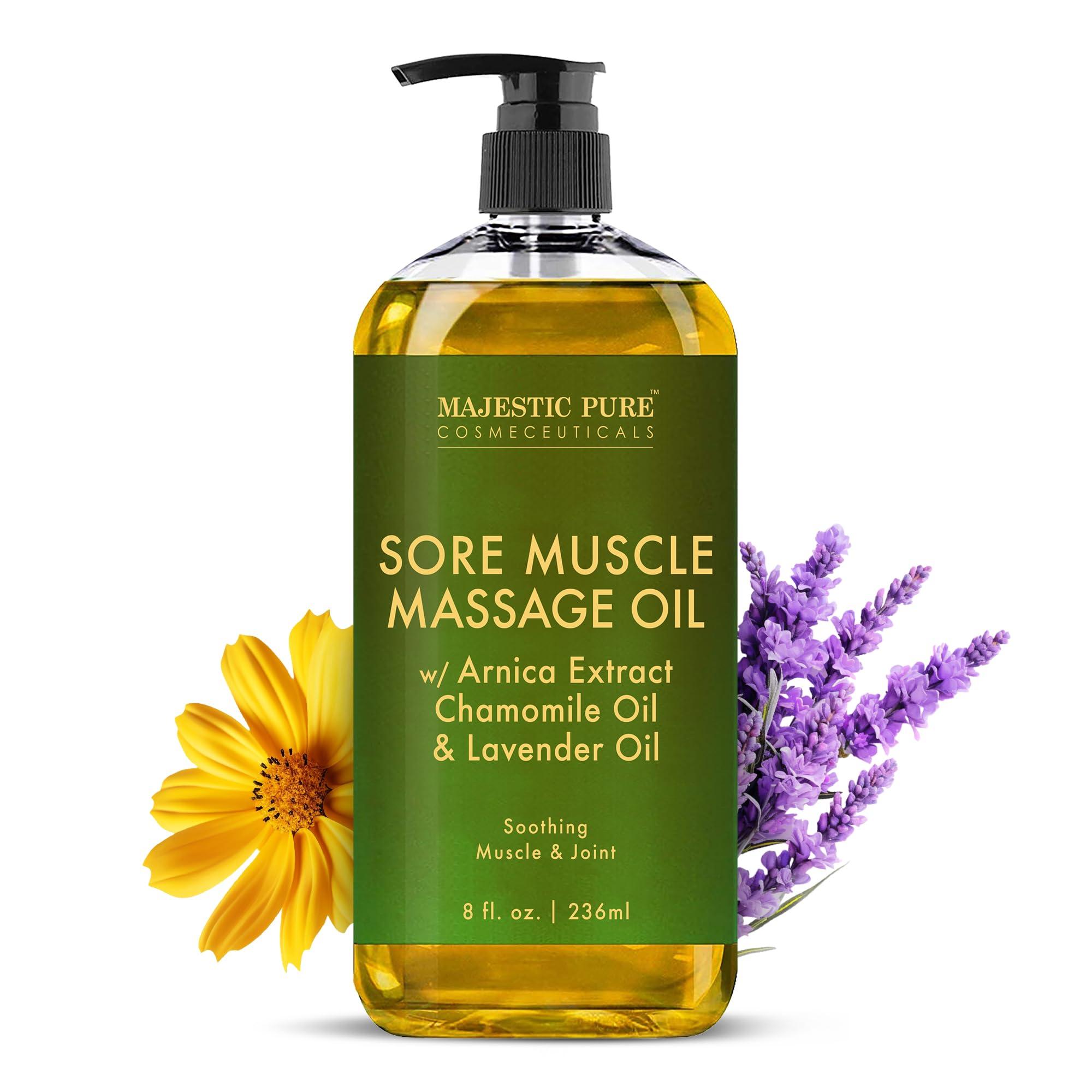 Majestic Pure Arnica Sore Muscle Massage for Massage Therapy - Natural Oil with Lavender and Chamomile Essential Oils - Multipurpose Instant Absorption Full Body Massage Oil - 8 Fl Oz (Pack of 1)