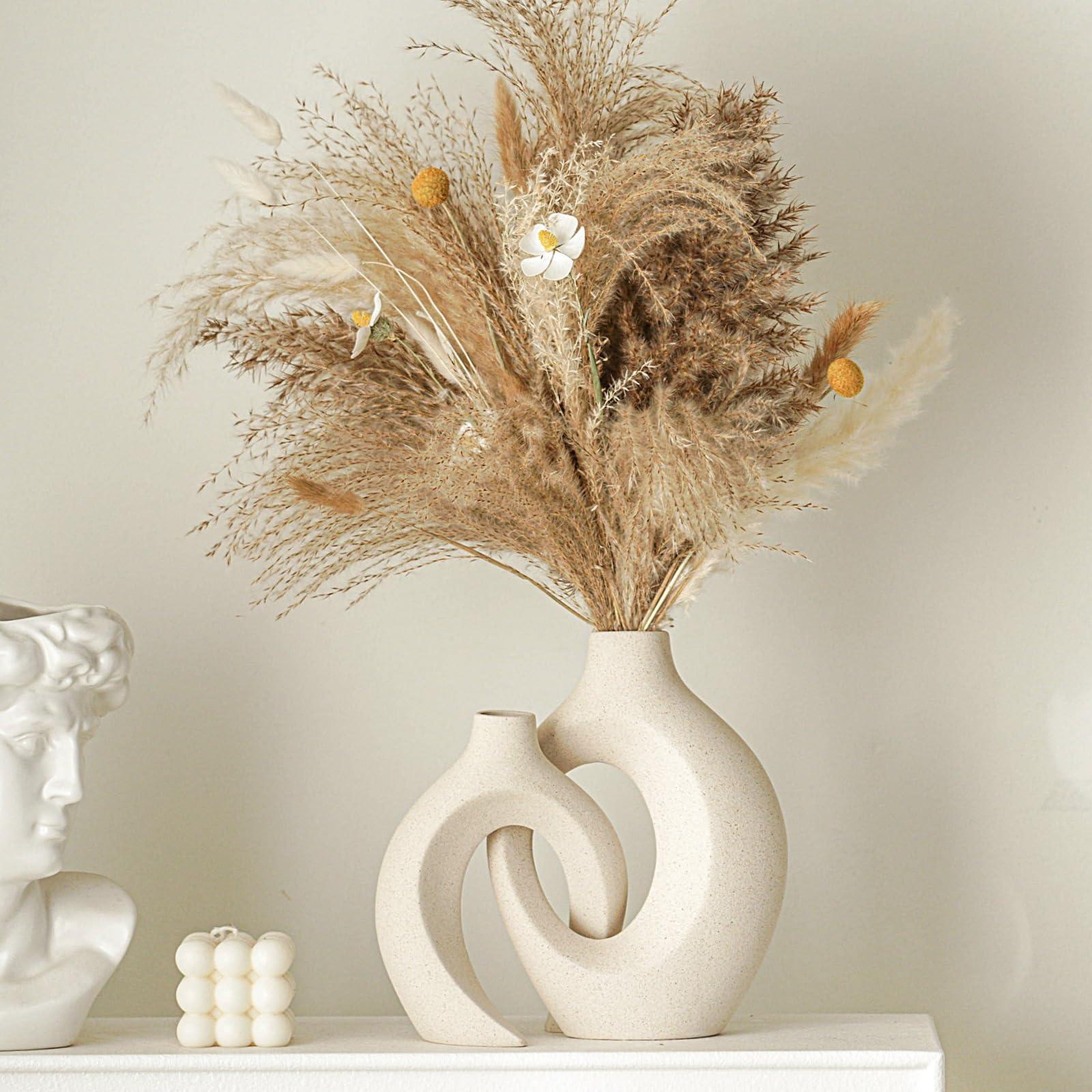 Lvases Snuggle Hollow Ceramic Vase Set of 2, Nordic Modern Boho ins Style Decorative Ceramic Aesthetic Flower Vase for Home Decor (Milky White W 6.3" X H 8.4") - Image 4
