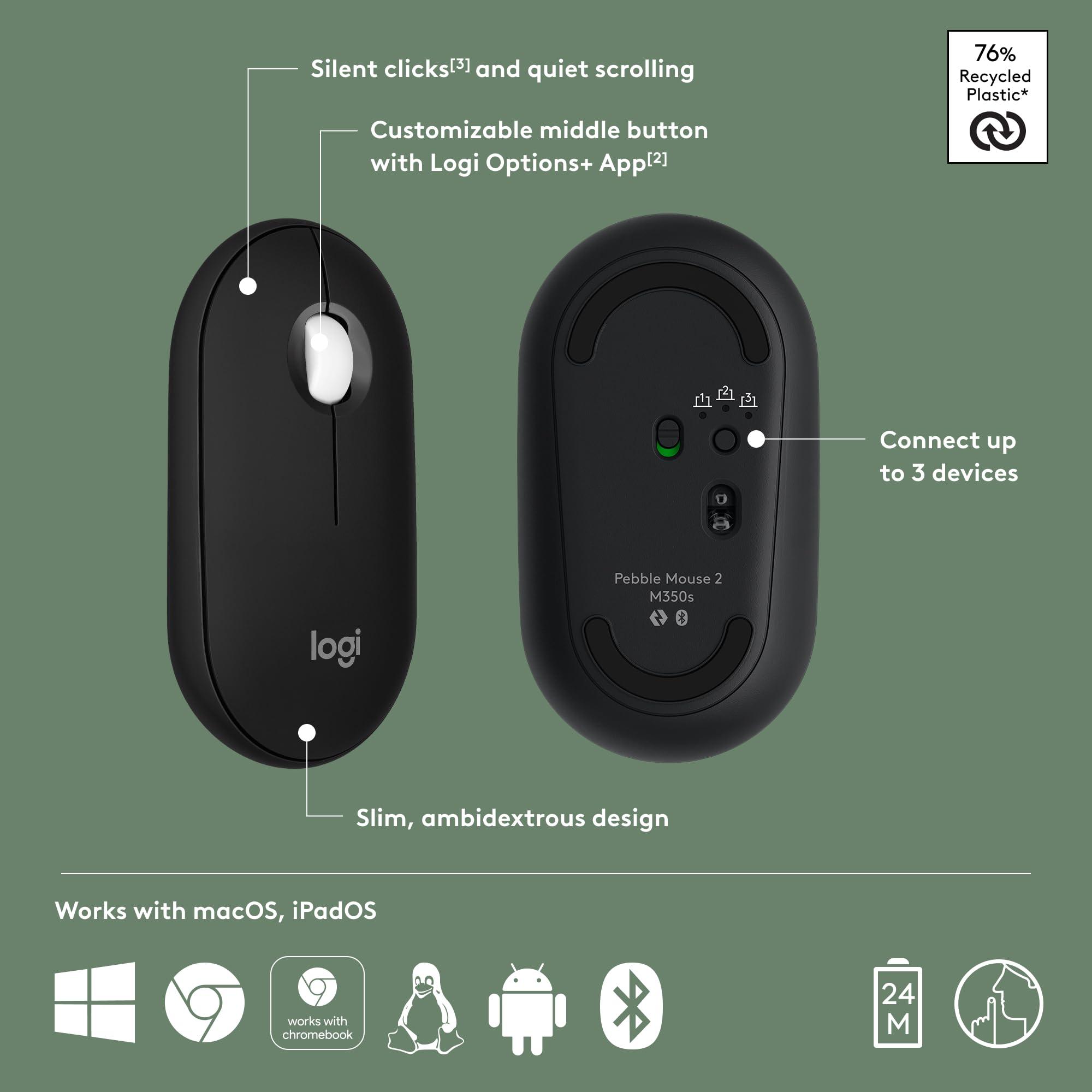 Logitech Pebble Mouse 2 M350s Slim Bluetooth Wireless Mouse, Portable, Lightweight, Customizable Button, Quiet Clicks, Easy-Switch for Windows, macOS, iPadOS, Android, Chrome OS - Black - Image 6
